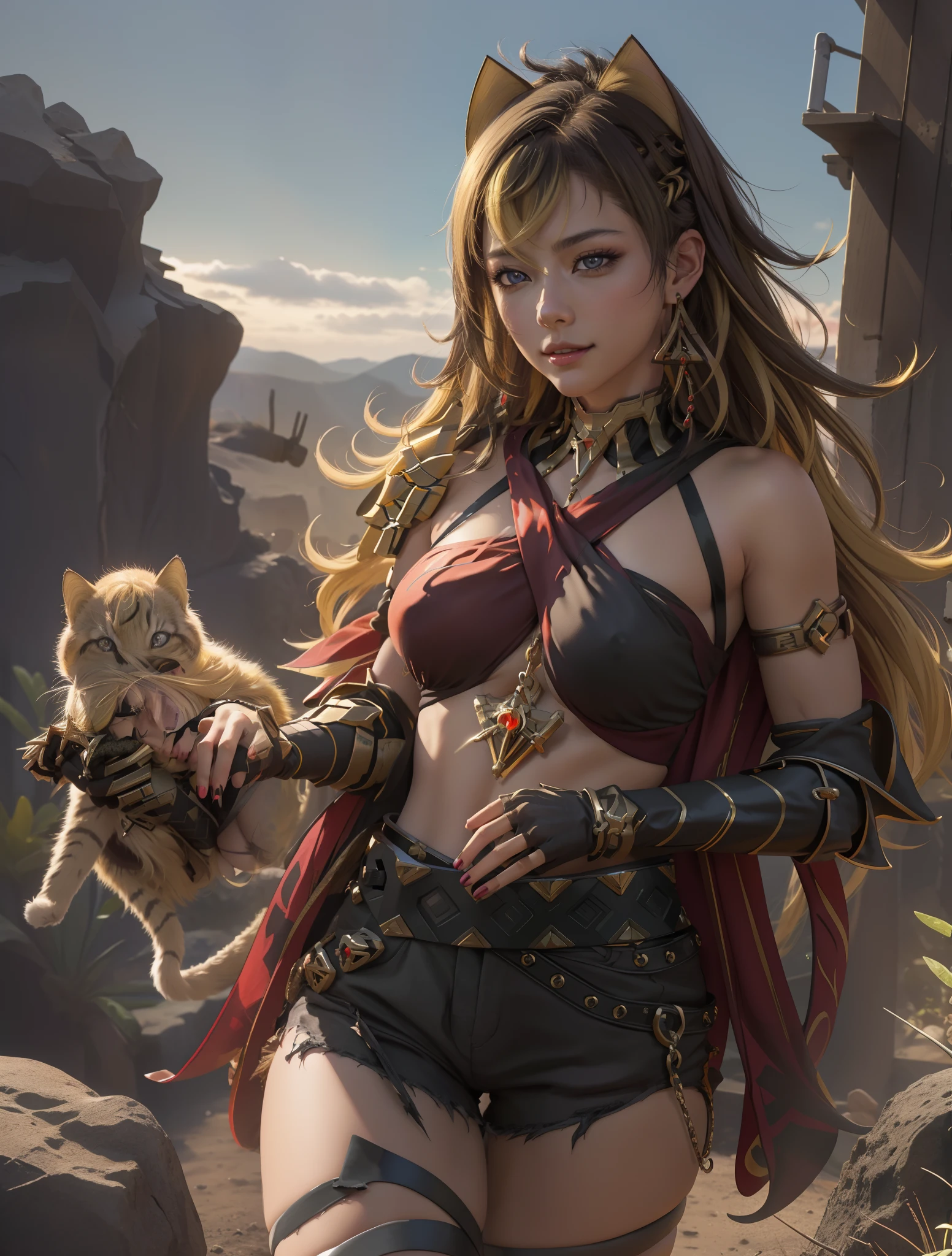 ((masutepiece)), (Best Quality:1.7), (Detailed:1.4), (hight resolution:1.4), 8K, (Colorful:1.5), 2D, High resolution, Sharp Images, Raw photo, Dehya_Genshin, 1girl in, (((Solo))), Black hair, Long hair, Blue eyes, big eye、A smile, middle body, Big breasts, Blonde bangs, Cat ears, ((middle body)), Black pants, Shirt,Torn clothes, Cowboy Shot, (((Jewelry))), Black Gloves, (((armor))), thighs thighs thighs thighs, 鎖骨, Official Custom Rep, Armor Choker, A desert, cleavage, Parted lips, striated hair, Midriff, Hair intake, dark skinned female, halterneck, armlet, Black Gloves, ((criss-cross halter)), Torn clothes, Belt bag, Red Nails, nail polish, (((Armor Armlet))), fingerless glove, Two-tone breasted, ((thighs thighs thighs thighs)), angry, Serious, closes mouth, Narrow eyes, eye line, ((Looking at Viewer)), Red chest, ((Bare legs)), Sunset, Gloves with claws, hand on own hip, (((shoulder armer))), Armor Bracelet, Belt Armor, (earrings), Gold Chain, ornaments, ((Partial blonde hair)),