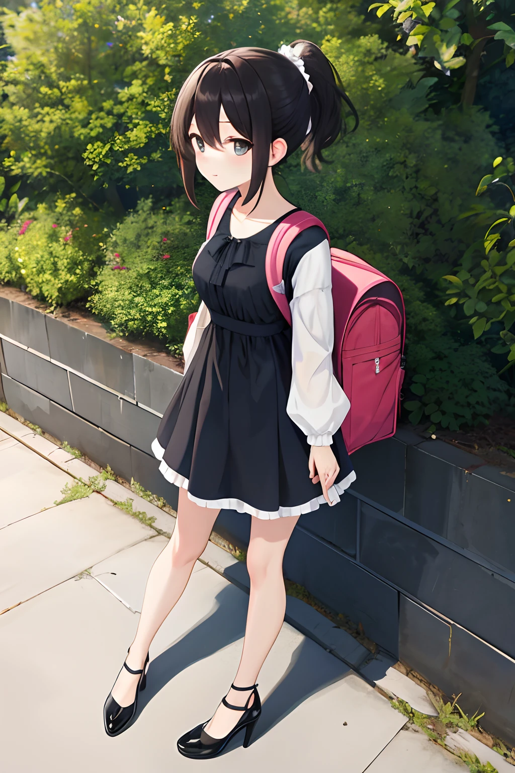 Masterpiece, Best Quality, Hi-Res, 1 Girl, Solo, ssmall Breasts, Short Hair, ponytail, Hair Between Eyes, Floating Hair, wear dress, puff sleeve dress, standing, wear high heel, fullbody, wearing backpack, (backpack:1.0), daytime, park