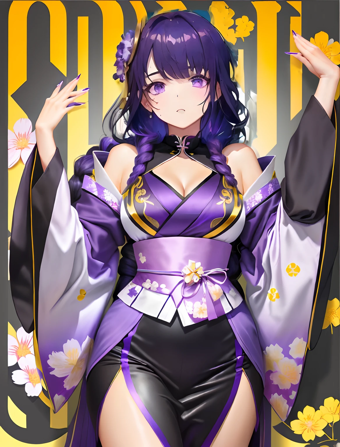 Best quality, Ultra-detailed, Flowy sleeves kimono, grown woman, Purple braided hair, Dark tights under the kimono, The sleeves of the neckline jumpsuit completely covered her arms, The nails are painted purple, Kimonos have various purple stripes, He wears a wrestling badge under his right chest, The left shoulder armor has a delicate badge, Wears dark purple stockings and high heels, The shoe on the right has two light purple flowers。
