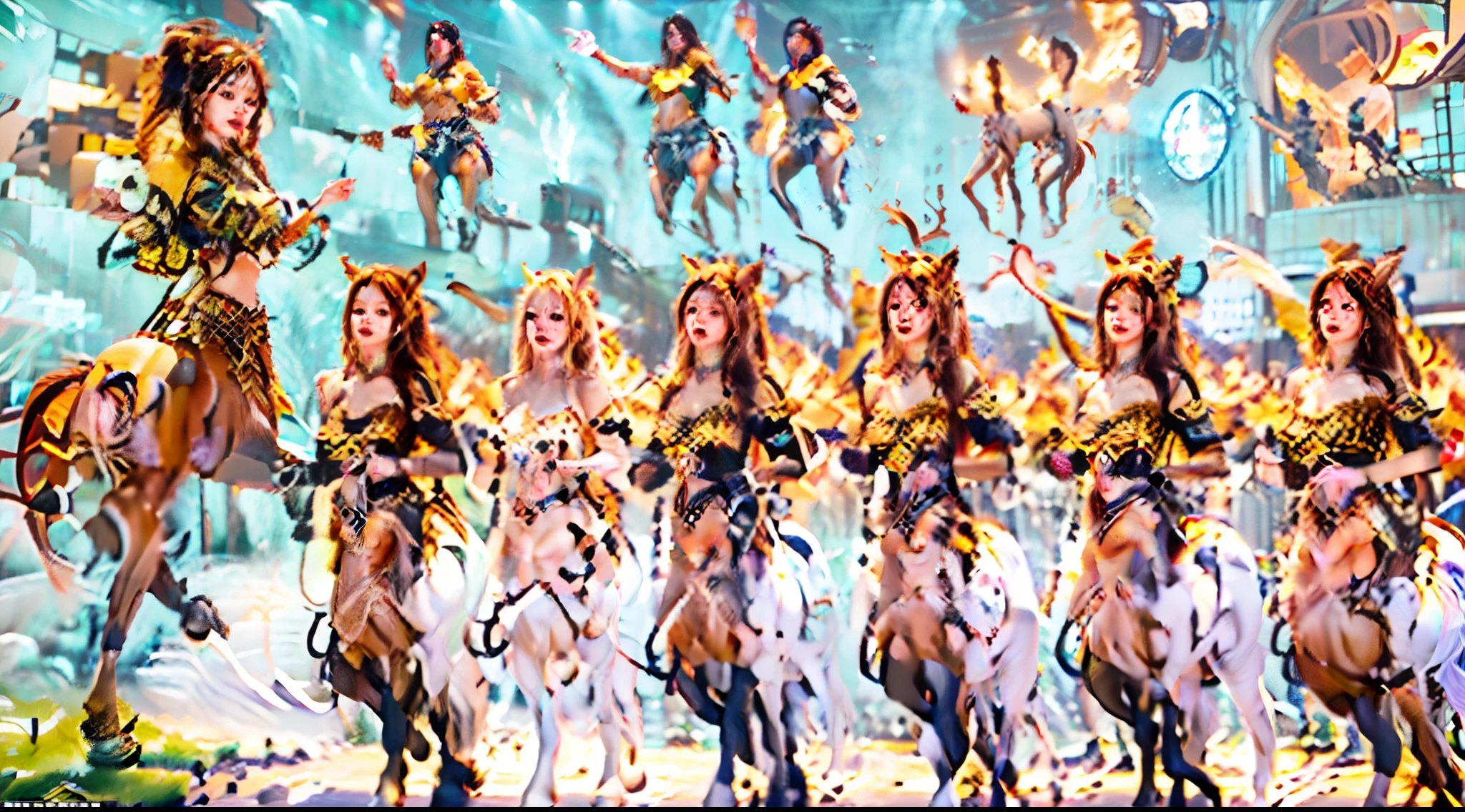 In this beautiful illustration，Eight unique female centaur characters are shown，They all have their own characteristics，Vivid and interesting。Radiant angelic centaurs from the heavenly realm，To the hellish centaurs surrounded by nightmarish flames，And then to the Wind Immortal Centaur dancing in the air，Unicorn centaur surrounded by lightning，Mechanical centaur in mechanical style，Dragon centaurs，Elf centaurs，Tiflin centaurs，Each character has their own unique charms and abilities。The illustration uses advanced artistic techniques and tools，Divide the scene into sections by geometric arrangement，Each section corresponds to a centaur character，This makes more efficient use of space。Through Midjourney's advanced brush tools、Color palette、Material packs and model packs，Exquisite costumes and equipment are designed for each centaur，Enhances the character's personality and visual appeal。The scenery in the illustrations is stunning，There are changing skies、rainbowing、extreme light、Stars and Moon。Incorporating iconic landmarks such as Mount Everest，and fireworks、tranquil lake、Natural and urban elements of waves and neon lights，Creates a magical atmosphere。The centaurs showed off their skills and equipment in a variety of environments，This is true even in extreme alien landscapes。Midjourney's tools make depicting details vivid and realistic，From intricate hairstyles and clothing to authentic textures，Enhances the realism of the characters and surroundings。The fusion of multiple art styles adds movement to the centaur's movement at all angles，The overall visual experience is further enriched。The final illustration was described as a "masterpiece"，It has the characteristics of "best quality" and "realistic"，The details put into the creative process are shown、Level of creativity and craftsmanship。Ultra-grand scenes，super wide shot， hdr，（真实感，Masterpiece quality，best qualtiy）