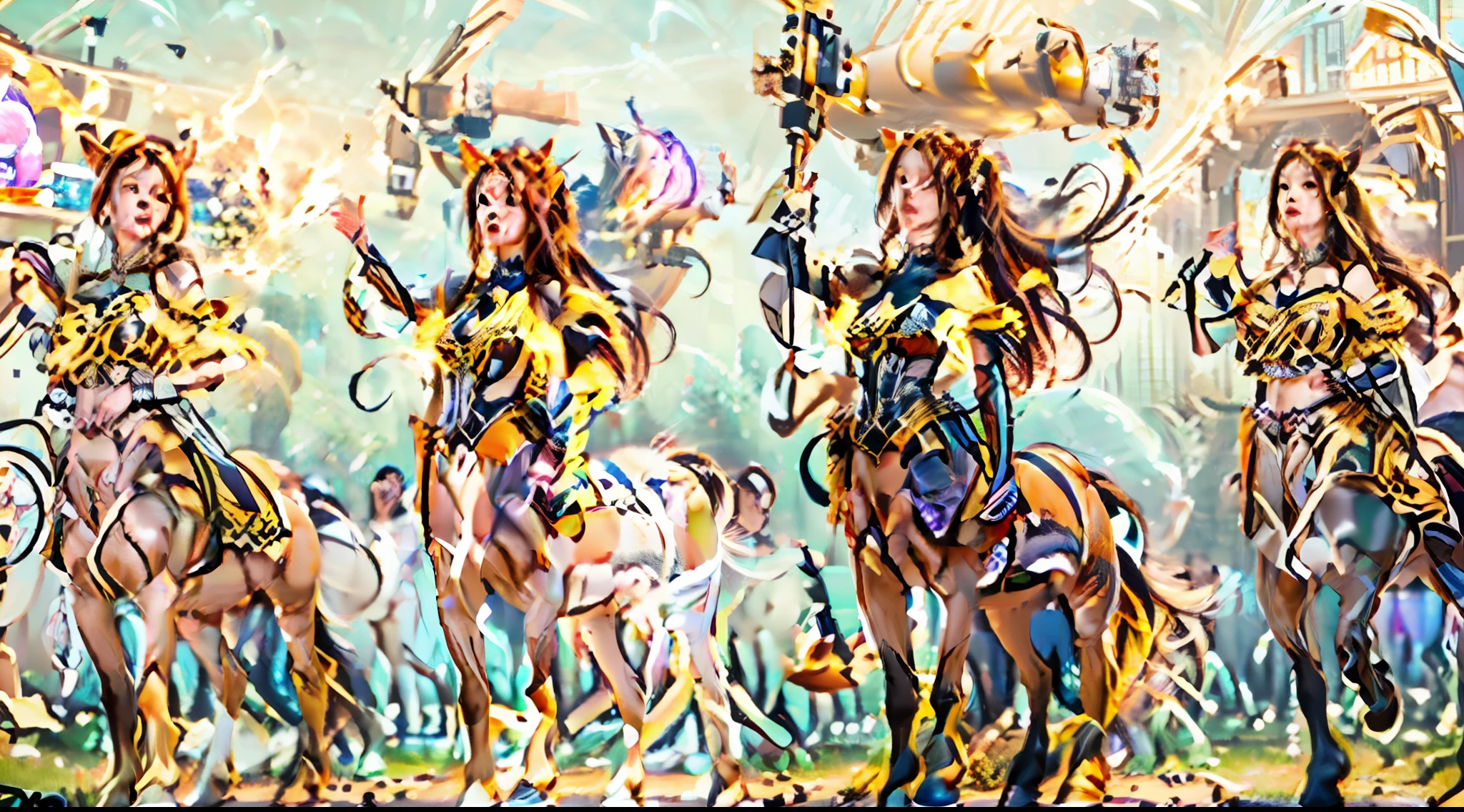 In this beautiful illustration，Eight unique female centaur characters are shown，They all have their own characteristics，Vivid and interesting。Radiant angelic centaurs from the heavenly realm，To the hellish centaurs surrounded by nightmarish flames，And then to the Wind Immortal Centaur dancing in the air，Unicorn centaur surrounded by lightning，Mechanical centaur in mechanical style，Dragon centaurs，Elf centaurs，Tiflin centaurs，Each character has their own unique charms and abilities。The illustration uses advanced artistic techniques and tools，Divide the scene into sections by geometric arrangement，Each section corresponds to a centaur character，This makes more efficient use of space。Through Midjourney's advanced brush tools、Color palette、Material packs and model packs，Exquisite costumes and equipment are designed for each centaur，Enhances the character's personality and visual appeal。The scenery in the illustrations is stunning，There are changing skies、rainbowing、extreme light、Stars and Moon。Incorporating iconic landmarks such as Mount Everest，and fireworks、tranquil lake、Natural and urban elements of waves and neon lights，Creates a magical atmosphere。The centaurs showed off their skills and equipment in a variety of environments，This is true even in extreme alien landscapes。Midjourney's tools make depicting details vivid and realistic，From intricate hairstyles and clothing to authentic textures，Enhances the realism of the characters and surroundings。The fusion of multiple art styles adds movement to the centaur's movement at all angles，The overall visual experience is further enriched。The final illustration was described as a "masterpiece"，It has the characteristics of "best quality" and "realistic"，The details put into the creative process are shown、Level of creativity and craftsmanship。Ultra-grand scenes，super wide shot， hdr，（真实感，Masterpiece quality，best qualtiy）