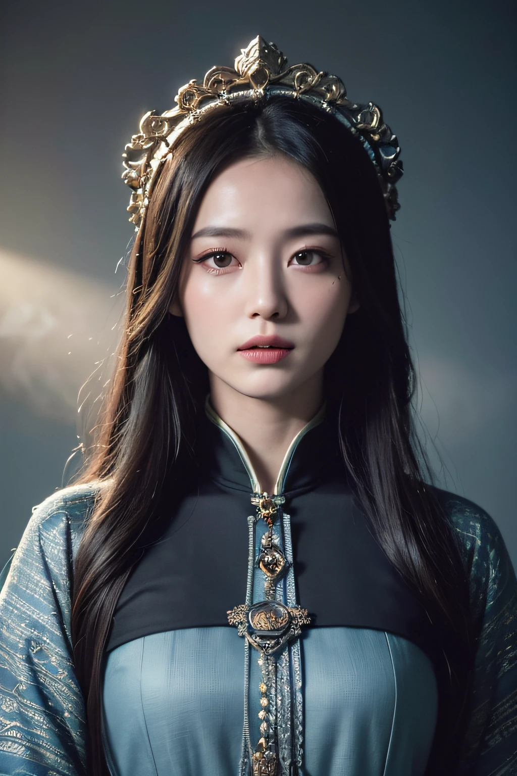 official art, Unity 8k Wallpaper, Super Detailed, masterpiece, best-quality,(((Eye details)))
light, atmospheric, mystical, romantic, lovely, literature, art, fashion, Ming and Qing dynasties, decoration, intricate, determined eyes, embroidery, Black eye contour, Emotional depth, supernatural, All navy ninja costume, 1 girl, only, collar, chest element, shiny