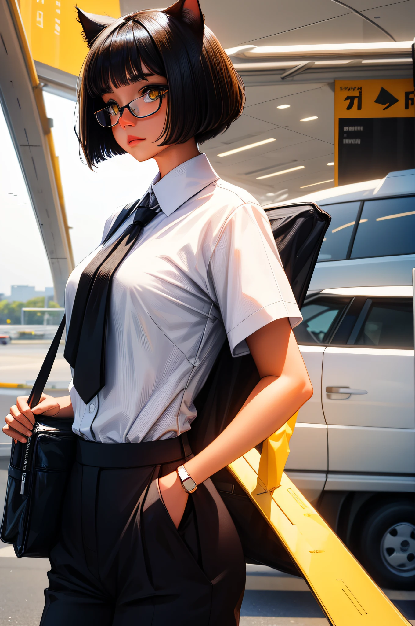 1girl, short black bob hair, yellow eyes, Round glasses, mixed skin, petite body, wearing plain white formal work shirt, wearing long black pants, airplane,business tie, absurdres, high res, ultrasharp, 8k, masterpiece, looking at viewer, cat ears, airline pilot uniform, airline pilot hat, white background, short sleeve, airport, airplane,bangs, flat chest, whiskers, androgynous