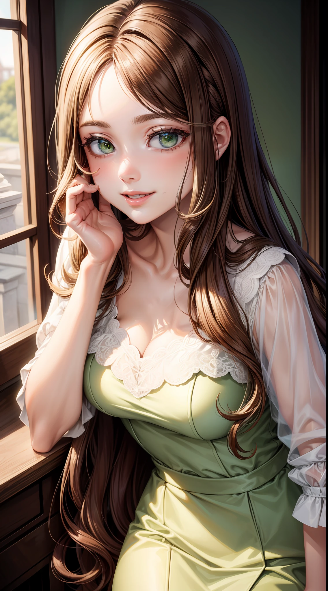 Adult woman, Long brown hair, Green eyes, White formal wear, lipstick, Smile, Masterpiece, hiquality