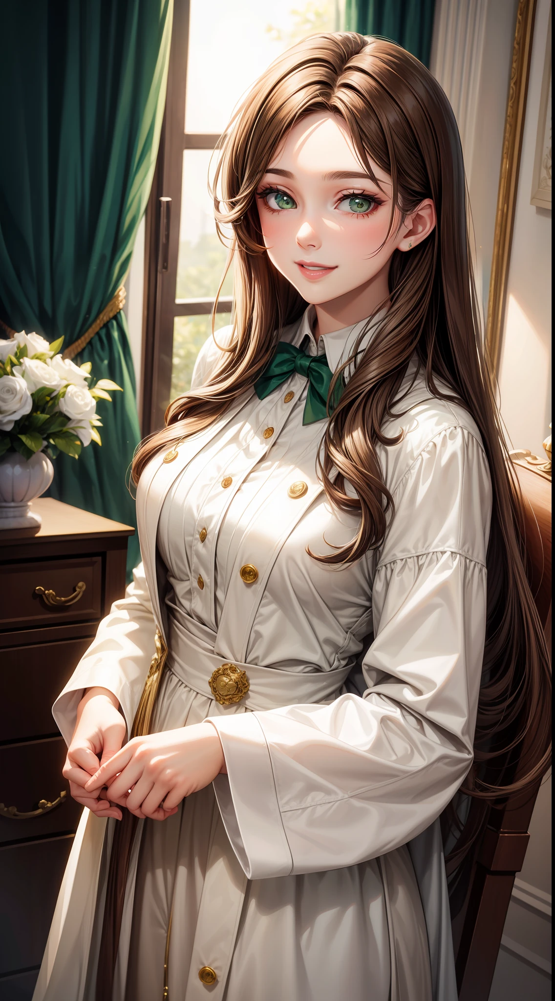 Adult woman, Long brown hair, Green eyes, White formal wear, lipstick, Smile, Masterpiece, hiquality