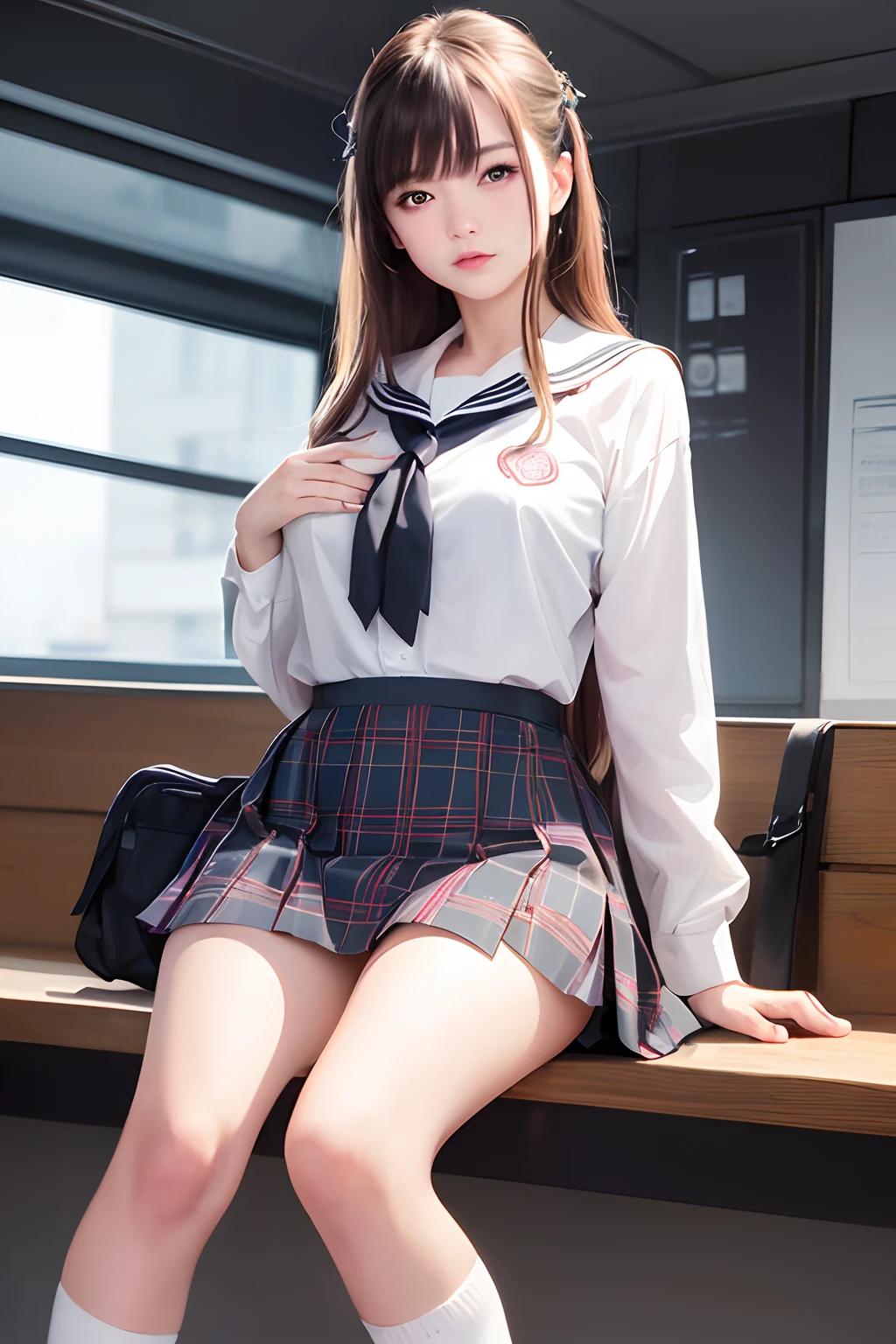 (raw photo:1.4), (photorealistic:1.3),(masterpiece), best quality, highest quality, extremely detailed CG unity 8k wallpaper, detailed and intricate, original,highres, \\ 1girl,solo,(16yo), extremely detailed_eyes ，finger nails，middlebreast，（eyeline：0.5），（Blushlush：0.5），brunette color hair，long whitr hair，hair pin，looking at viewert，NSFW，\\high-school，pupils，校服，Sailor collar，Short socks，bookbag，a skirt，tartan，plaid skirts，knees，sitted，\\the street，subway station，Store boundaries，akihabara\(tokyo\)，Shibuya\(tokyo\)，Shinjuku\(tokyo\)，\\Beautiful and detailed background，Deep field of view，Lori huge breasts cleavage：0.1，真实感：1.3，（ambient lights：1），（neonlight：0.1），（HDR：1），（studio lit：1.5），（pantiess：1.2），look from down，full bodyesbian，(School uniforms are transparent:1.3)，(skirt translucent:1.3)