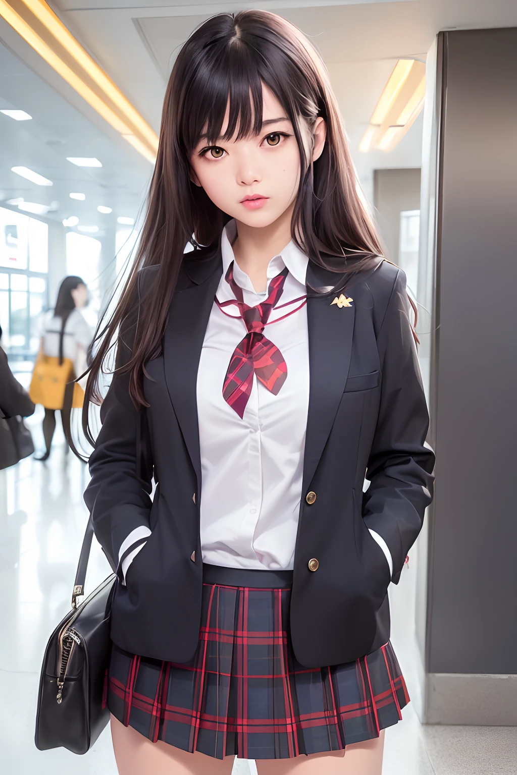 (raw photo:1.4), (photorealistic:1.3),(masterpiece), best quality, highest quality, extremely detailed CG unity 8k wallpaper, detailed and intricate, original,highres, \\ 1girl,solo,(16yo), extremely detailed_eyes ,finger nails,middlebreast,(eyeline:0.5),(Blushlush:0.5),brunette color hair,long whitr hair,hair pin,looking at viewert,NSFW,\\high-school,pupils,校服,Sailor collar,Short socks,bookbag,a skirt,tartan,plaid skirts,knees,sitted,\\the street,subway station,Store boundaries,akihabara\(tokyo\),Shibuya\(tokyo\),Shinjuku\(tokyo\),\\Beautiful and detailed background,Deep field of view,Lori huge breasts cleavage:0.1,真实感:1.3,(ambient lights:1),(neonlight:0.1),(HDR:1),(studio lit:1.5),(pantiess:1.2),look from down,full bodyesbian,(School uniforms are transparent:1.3),(skirt translucent:1.3)