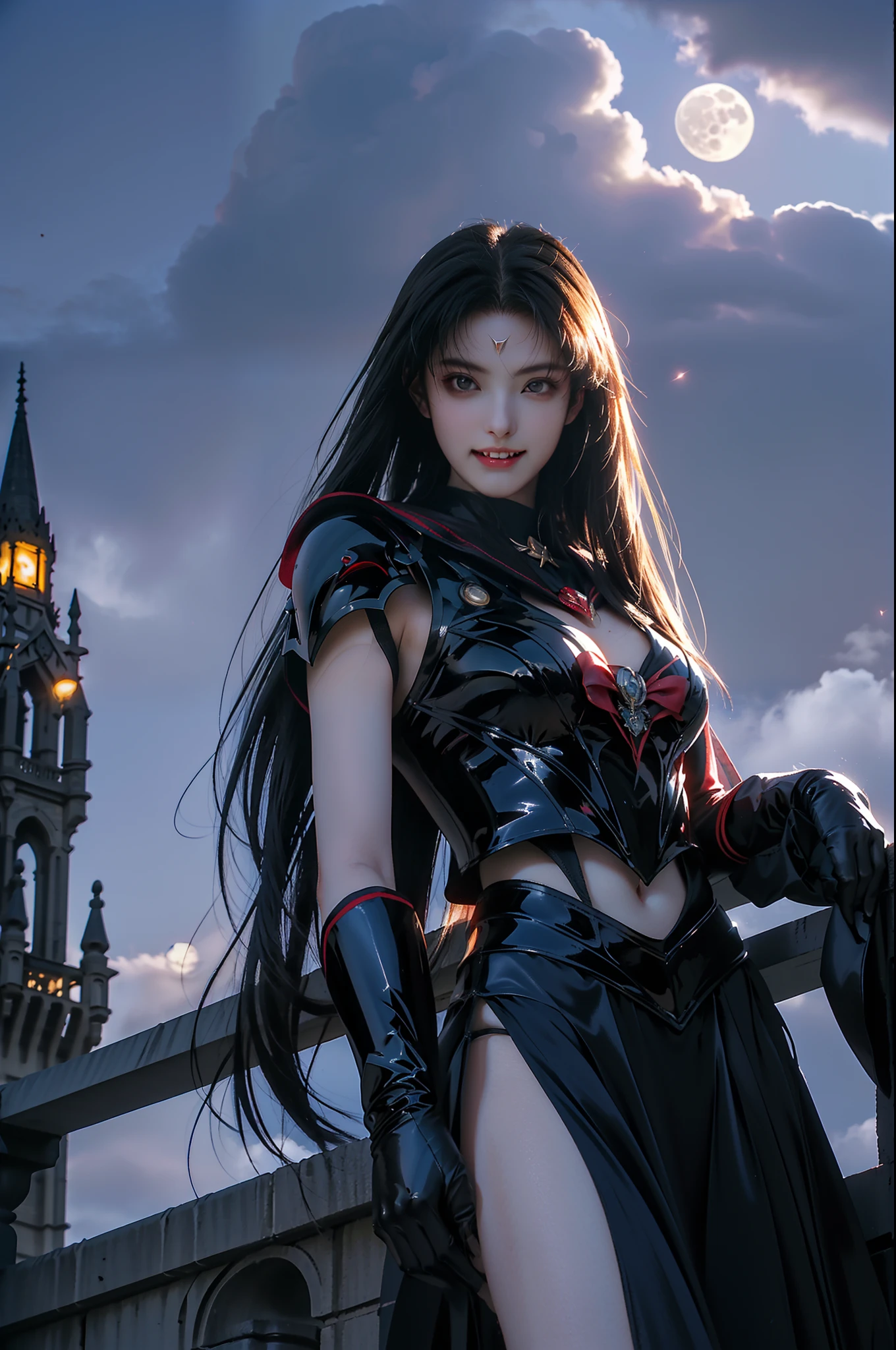 Female vampire in sexy leather armor，sharp teeth，（Vampire skin is super fair and smooth）、（In the background is a classical western castle，Stone castle，High bell tower，Square high-rise clock tower，large moon，moon full，Enshrouded by clouds，Moon stars are rare，）A pair of pitch-black wings on the back spread out，the bats,Soft and cold，（（Vampire teeth are surprisingly white，Showing fangs，licking own lips）），Image of Araved posing for a photo，The eyes burn like a scorching flame，It emits a terrible red light。Around his body，It is full of mysterious and deadly energy。 the sailor moon. Beautiful, Anime goddess, Anime girl in real life,Anime cosplay, Scholar, Anime figure; Full-body art, seductive anime girls，（（（Kojima Bunmi style）））