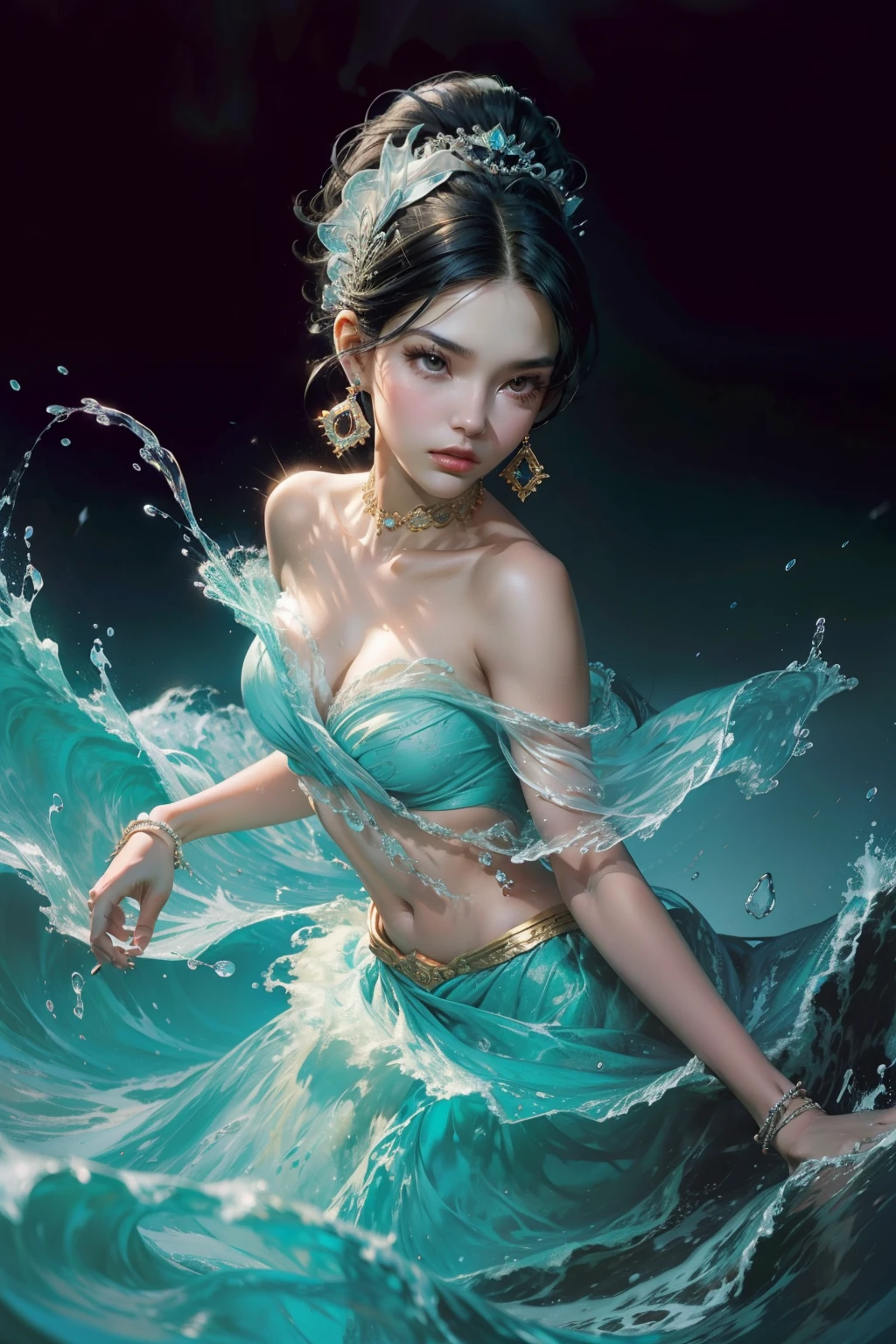 Close-up of a woman with black hair, Belle peinture de personnage, haughty, Black hair, hair adornments, Raised eyebrows, Raised eyebrows, Wide eyes, Earrings, Skirt made of water,Depth of field, tachi-e, first person perspective, Wide-angle, High quality, A high resolution