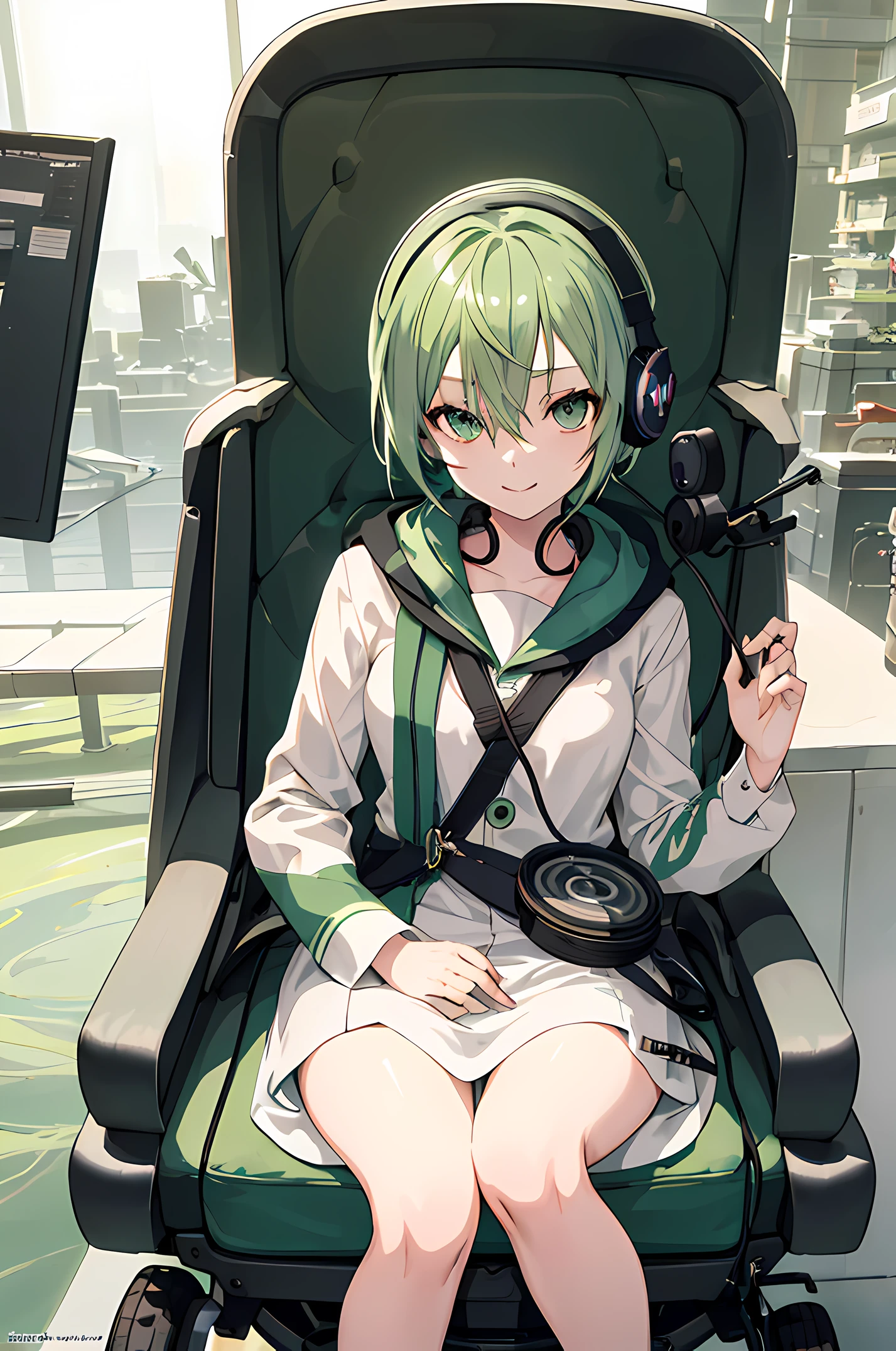 1girl, longeyelashes, Solid Circle Eyes, lightsmile, Green hair, Short hair, headphones, stereograms, 8K, Super Detail, ccurate, Best Quality, Wheelchair, Tachi-e, Anime style