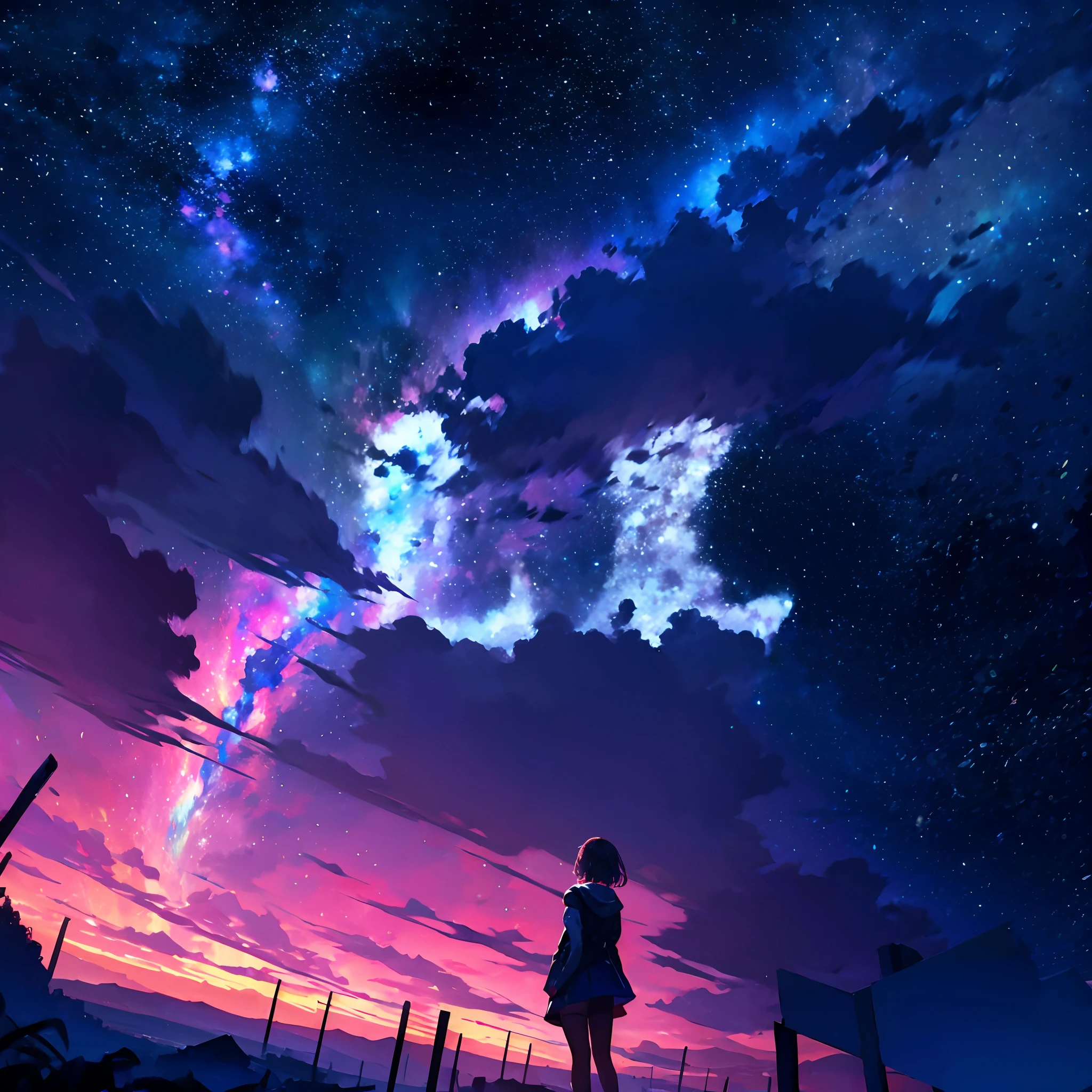Brilliant starry sky, nebula,1 girl's back,Looking Up The Sky, masterpiece, super detailed, epic composition, highest quality, 4K