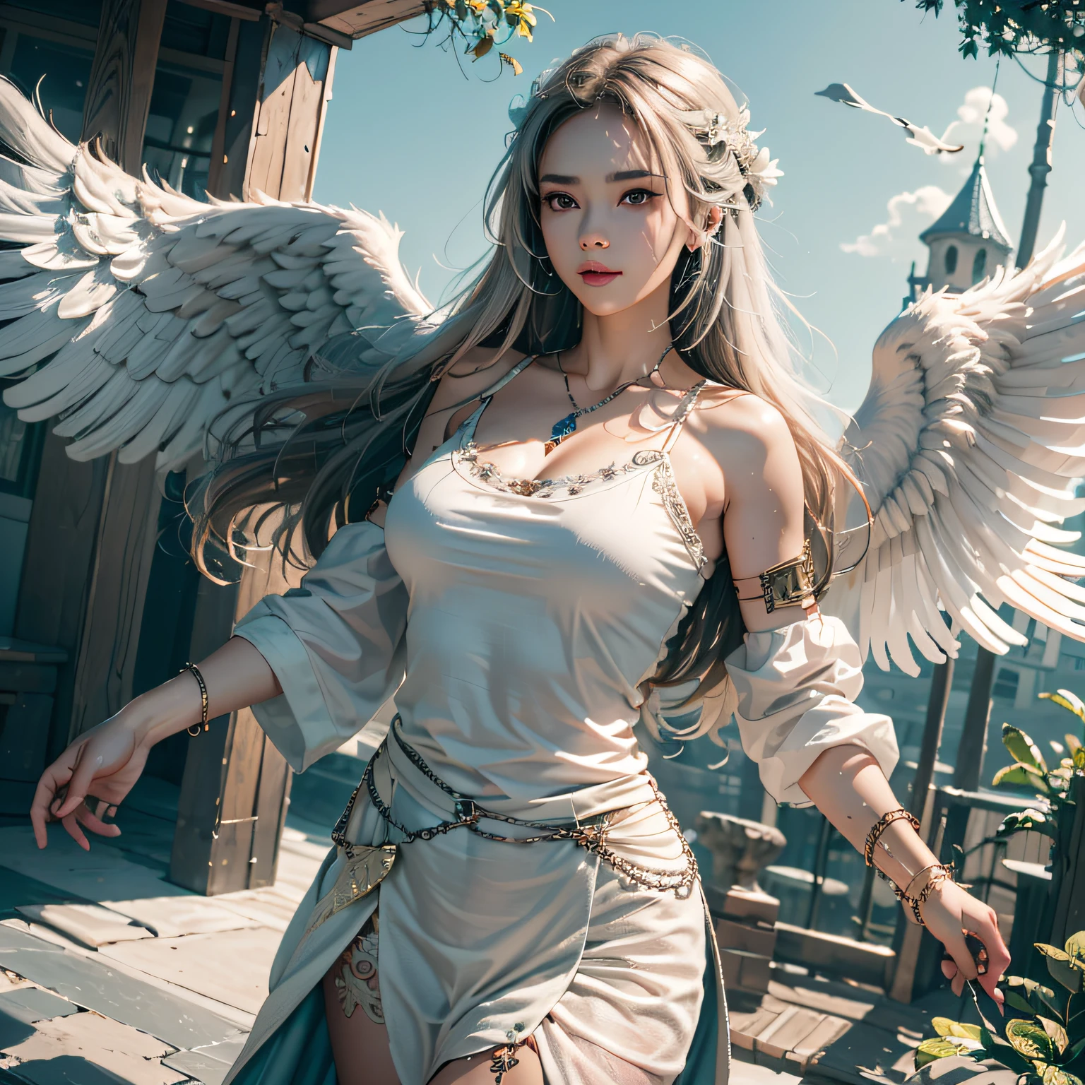 hyper HD, Anatomically correct, retinas, Super detail, Award-Awarded, Best quality, High details, Textured skin, Masterpiece, ccurate, High quality, A high resolution, 8K,1girl in, 独奏, offcial art, Unity 8K's wallpaper, ultra - detailed, prettify、Aesthetic, tmasterpiece, top-quality, Photorealsitic, A female angel、It has 6 large white wings on its back:2.0、Wings of a bird of prey、Blazing Angel、Silver armor:2.0、Silver gauntlet、Silver Solette、White fabric、Hair ornaments with small wings、Valkyrie、Very large wide sword、Glowing angel circle、angelic halo:2.0、Light magic、depth of fields, Fantastic atmosphere, calm color palette, Soft Shading、You can see the forest in the distance、See remote mountain castles、ellegance、Full body like、busty figure、Large full breasts、wide waist、Floating in the air:2.0、Flying in the sky:2.0、Fry high in the air、Sky on the steppe、You can see the castle on the hill in the distance