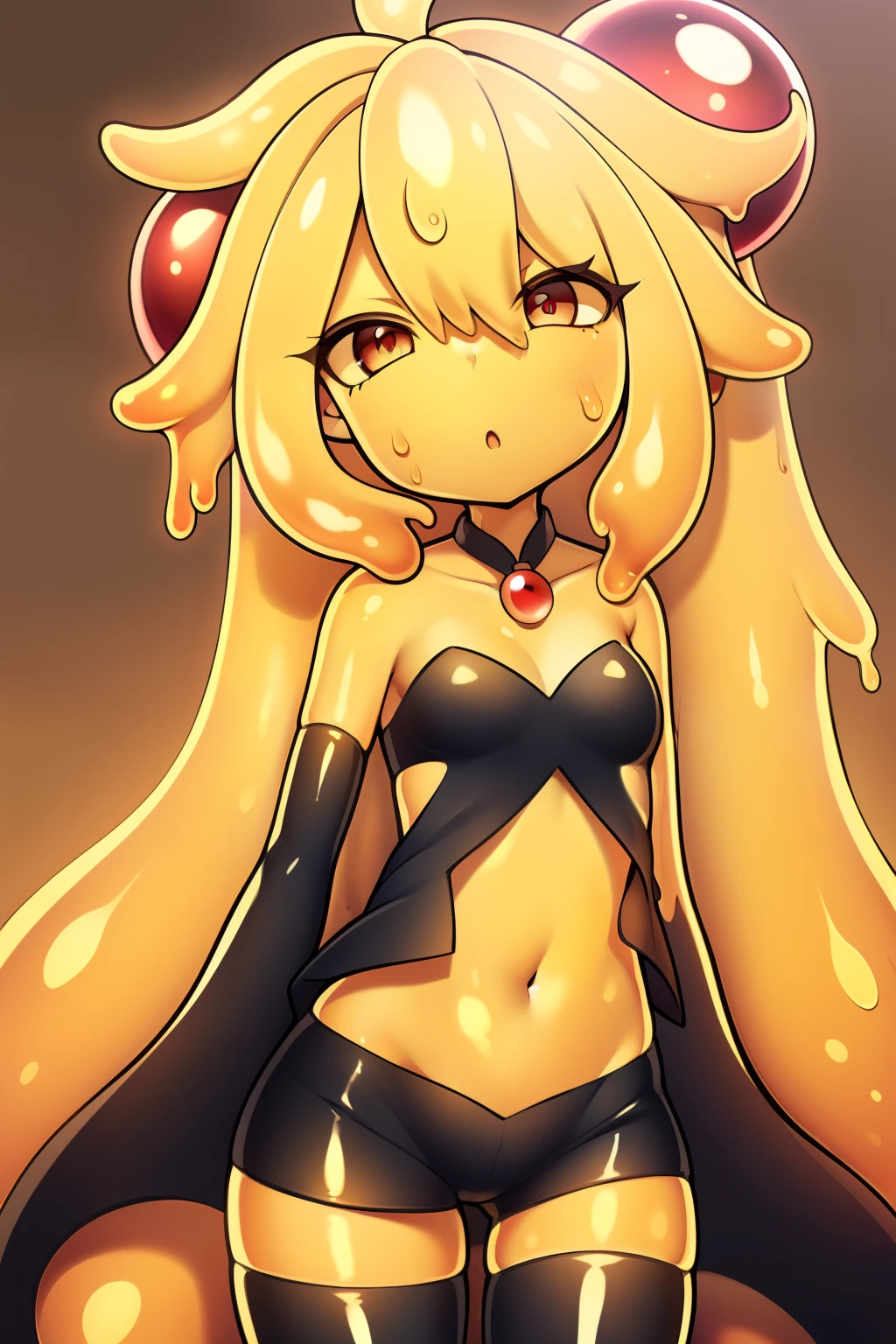 {{{yellow blond skin color}}}, black camisole, black spats, yellow blond hair, red eyes, two red hair ornaments, non-human girl, slender, ***********, navel, {{{yellow skin color}}},slime girl, slime, monster girl, see-through body, colored skin