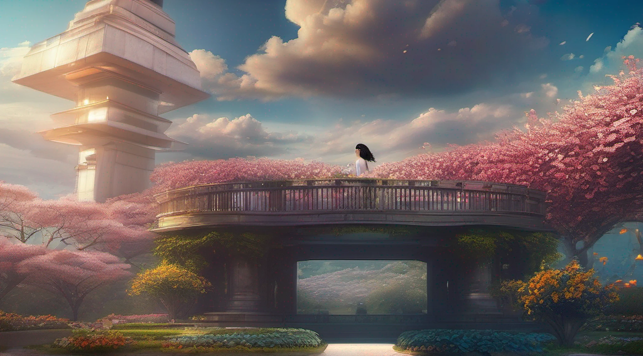 ccurate, best quality, masterpiece, UHD, high details, award winning, (Amazing:1.1), (Surrealism), Conceptual art, Verism, cinematic lighting, floating ruins in the sky, (((beautiful flower garden))), Horizon, blue sky, paradise scenery, flowers, wind flow, (((fantasy))), frontier, (magnificent space), blurry foreground, bokeh, Hasselblad, lens flare, beautiful school girl, (17 yr old), ((((full body)))), from behind, she is dancing, without looking at me, (((wearing school uniform))), black eyes, black hair, (floating hair), ((8 life size)), detailed hairstyles, detailed bodyline, anatomically correct,