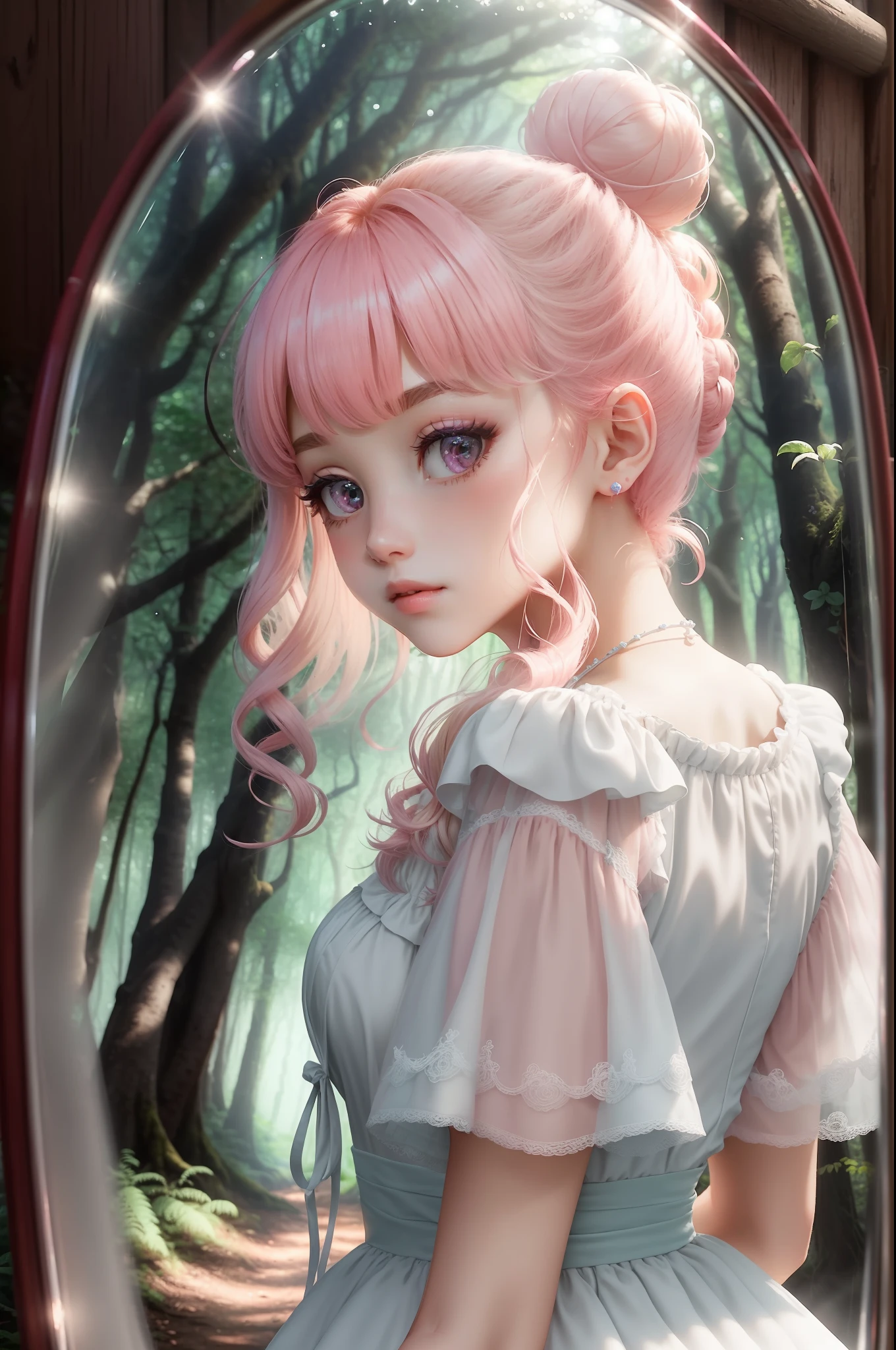 Princess A Princess Soft Good style best quality(Highest Quality) , High quality(hiquality) Soft hair pink fluffy dress blonde corolla Bun hair The whole body is reflected Very delicate tone and good atmosphere Being in the forest