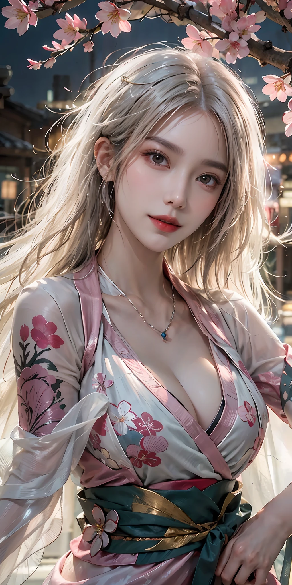 photorealistic, high resolution, soft light,1women, solo, hips up, shining skin, (detailed face),tattoo, jewelry, wedding hanfu, cherry blossom, night, white wavy hair, Beautiful Soldier, Eyes That Invite Viewer, Lover's Perspective, Inviting Expression, Sexy Smile, Perfect Style, Perfect Balance, Detailed Skin, Naughty Gaze, Chest Visible
