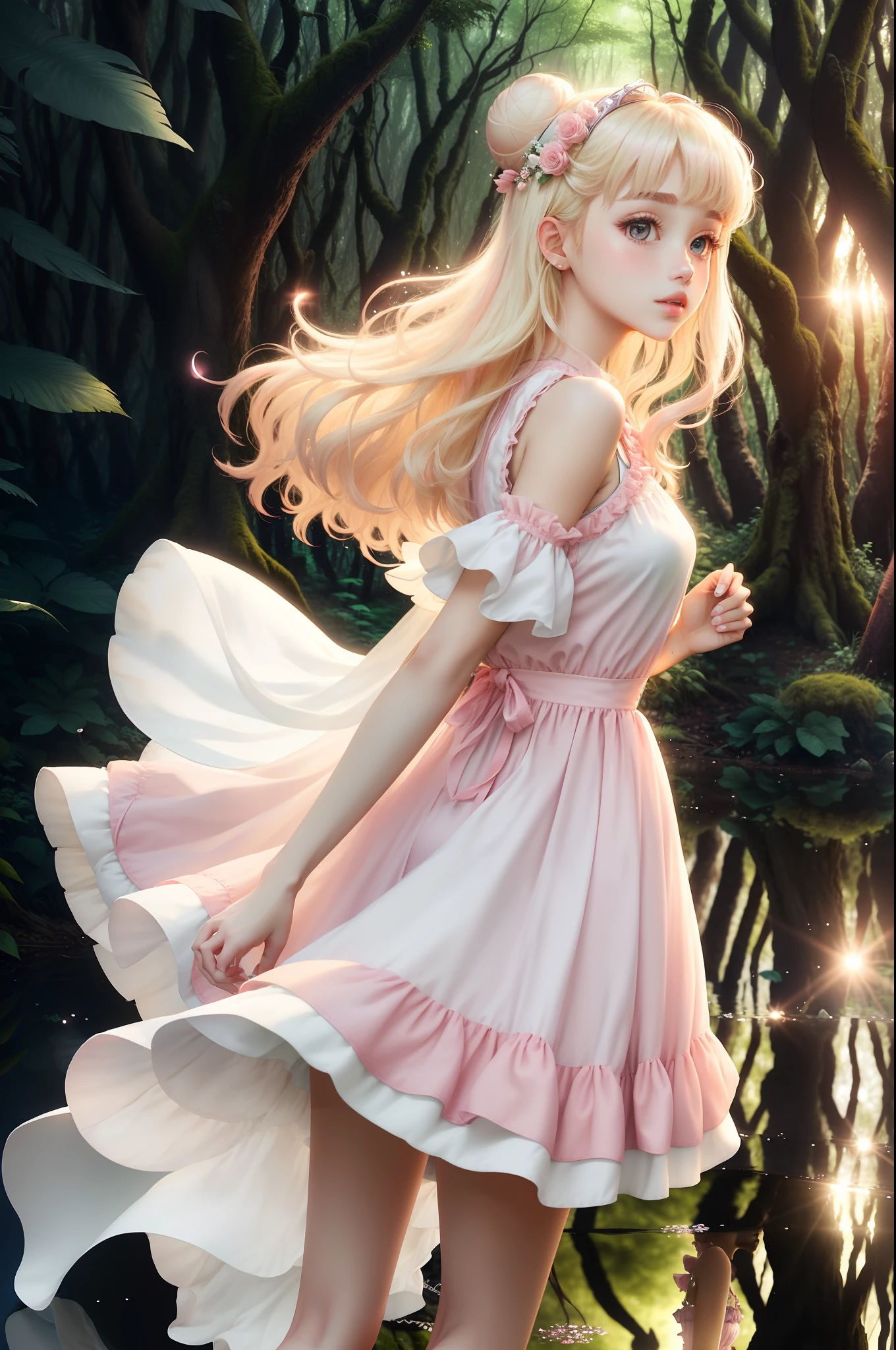 Princess A Princess Soft Good style best quality(Highest Quality) , High quality(hiquality) Soft hair pink fluffy dress blonde corolla Bun hair The whole body is reflected Very delicate tone and good atmosphere Being in the forest