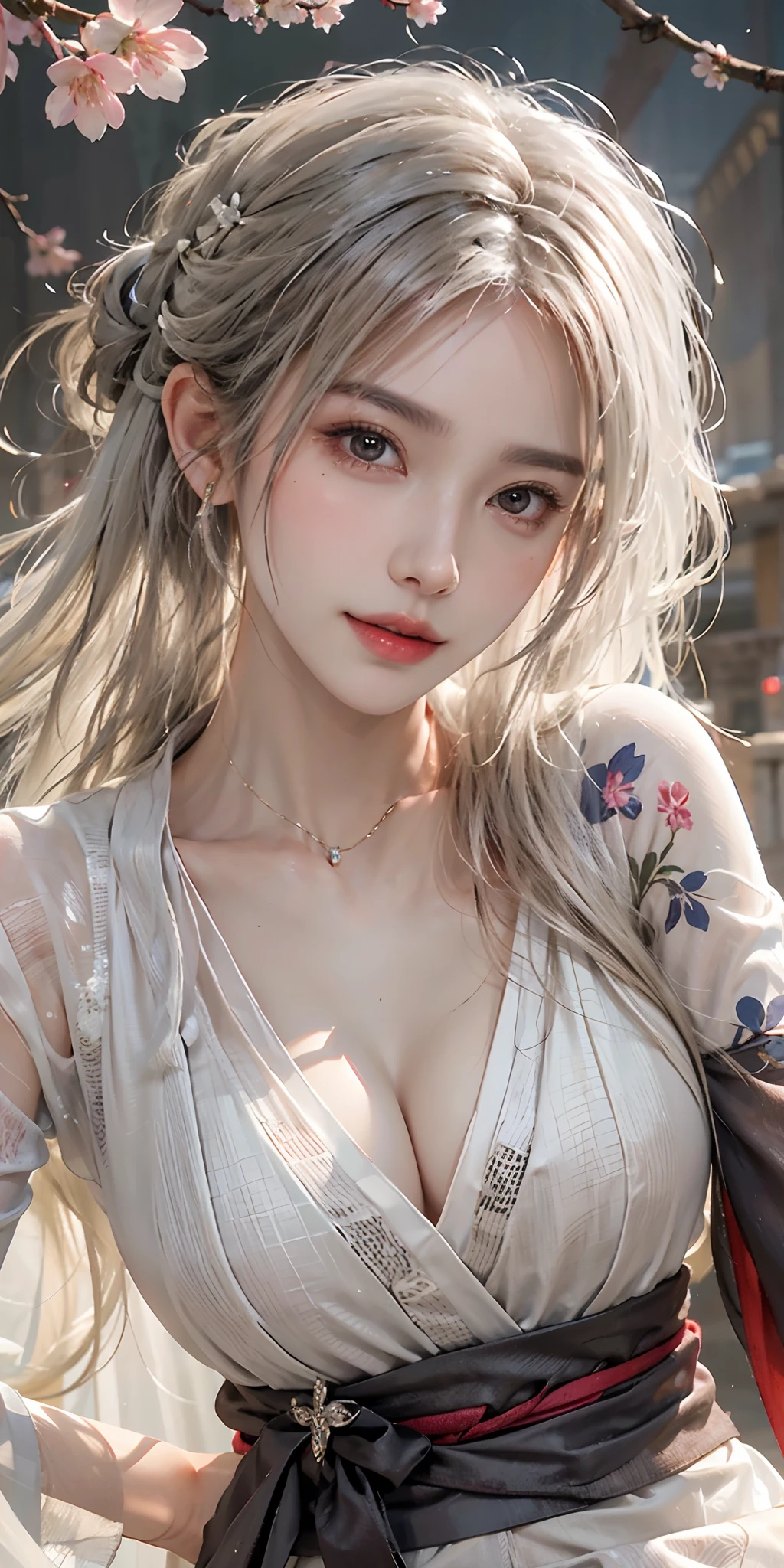 photorealistic, high resolution, soft light,1women, solo, hips up, shining skin, (detailed face),tattoo, jewelry, wedding hanfu, cherry blossom, night, white wavy hair, Beautiful Soldier, Eyes That Invite Viewer, Lover's Perspective, Inviting Expression, Sexy Smile, Perfect Style, Perfect Balance, Detailed Skin, Naughty Gaze, Chest Visible