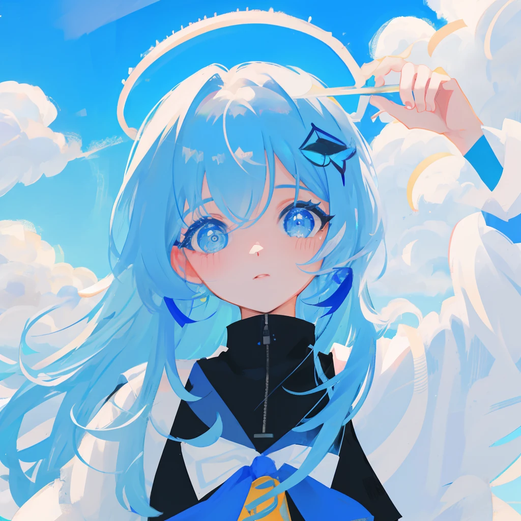 master part, best quality, ultra-detalhado, illustration, Close-up, em linha reta, foco facial,1girlcéu blue,cloud sky,menina com olhos beatuifull, vergonha,Olhando para o Viewer,retrato,cabelos grisalhos