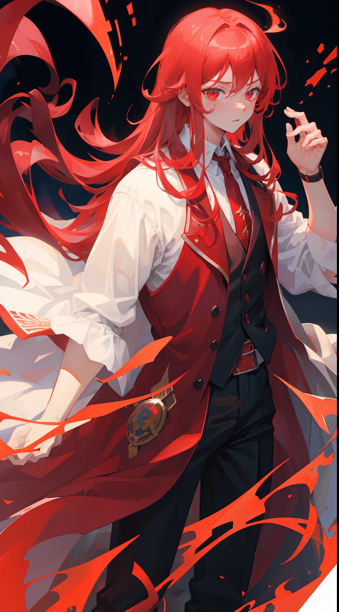 1 boy, long wavy red hair, red eyes, fire background, cold demeanor, charismatic, elegant, HD, high quality, magic knight, below average height, expressionless,