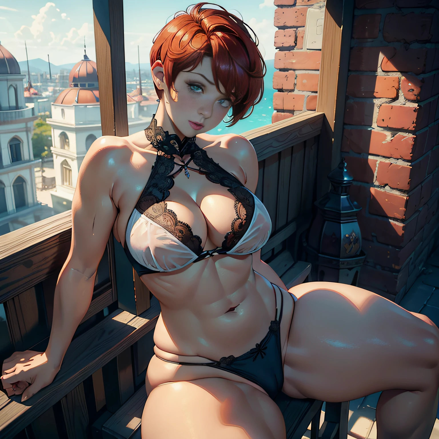 (high resolution, The pixels are perfect, luxurious illustration), (hyper qualit, Masterpiece, Ethereal: 1.4), nagatiti, (Medium breasts: 1.75), (Breast tightness: 1.3), (Bimbo 1.25 ),(see-through sarong), ((No bra)),(((Exposed breasts,: 1.4))), (Realism:1.4), (Realistis:1.4), (absurderes:1.4), 8K, Ultra-detailed, Beautiful and delicate mature face,(Solo:1.4), (red honey) Hair, (((Pixie cut))), 1girll, (Face viewer: 1.25), Intricate body details, (A MILF: 1.4), (Curvy:1.35), Mexican woman posing on balcony, puffynipple ,Titillating ,Ripped lace-trimmed panties, Very beautiful, Curvy physique, Fitness model, Thick body, Superhero bikini bodybuilder,,((( Carmelto))),Naughty face,opening legs
