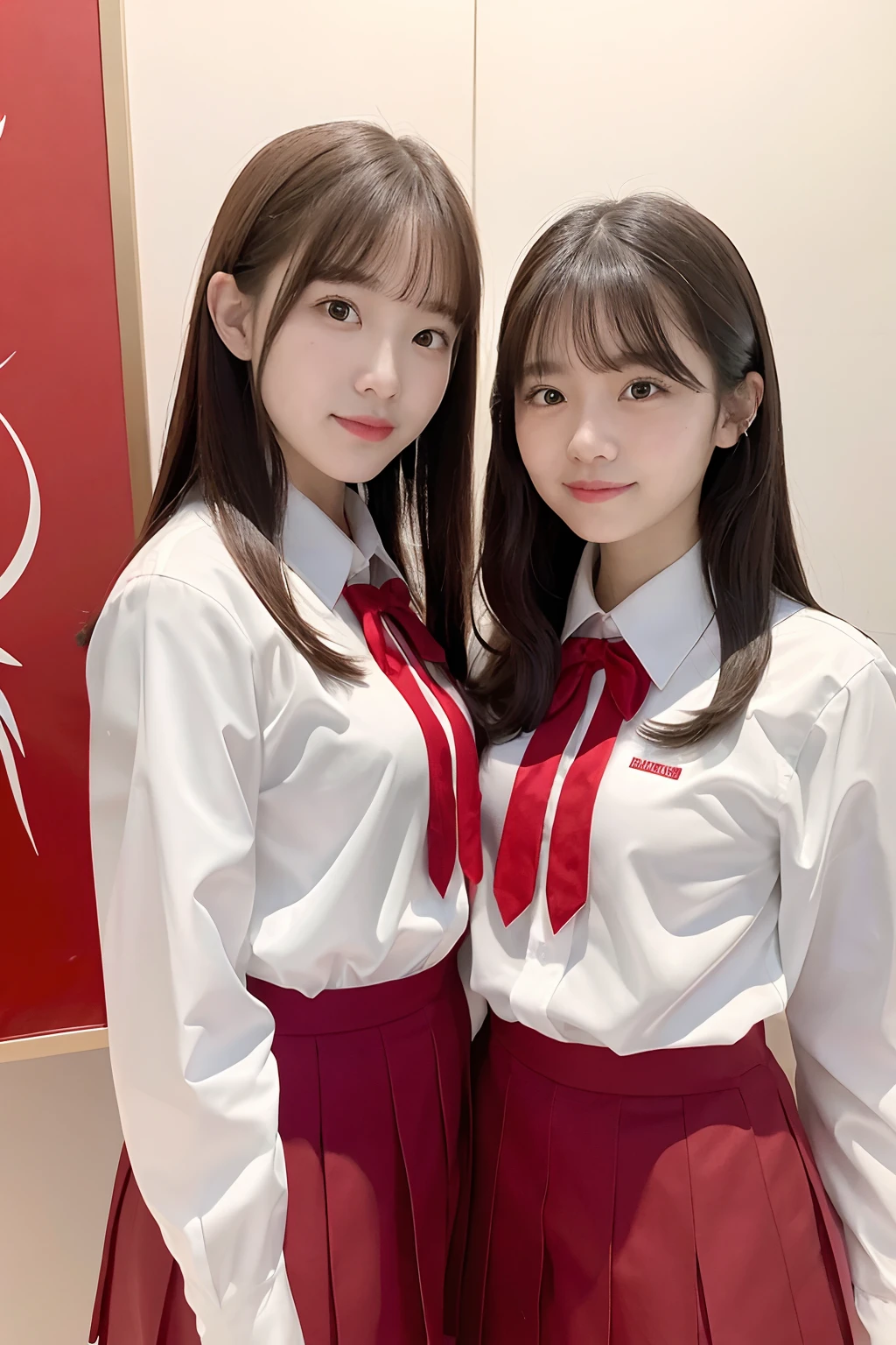 Two women in school uniforms pose for a group photo in front of the red wall, red velvet, inspired by Yanjun Cheng, JK school uniform, jaeyeon nam, wearing white clothes, two japanese schoolgirls posing, with a twin, white red, beautiful gemini twins portrait, in school uniform, seifuku, Official artwork, Red Uniform, White uniform