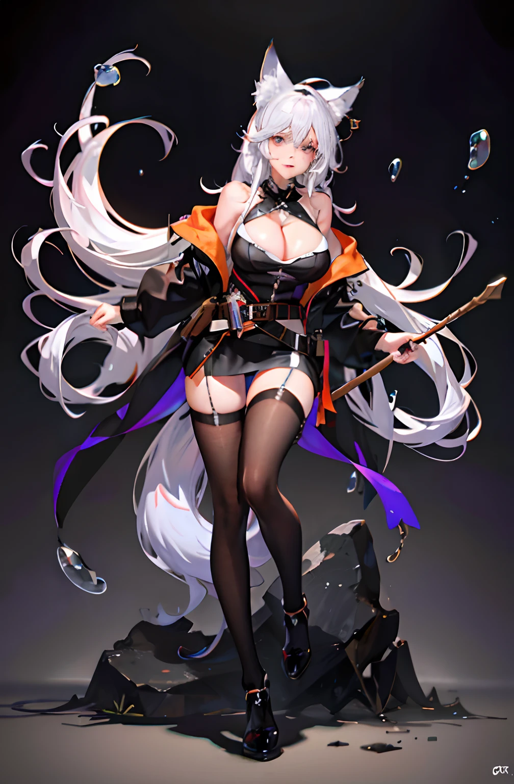 (8k,RAW photos,realisticlying:1.25),(Gloss on lips,eyeslashes,shining face,shiny skins,top-quality,超高分辨率,depth of fields,color difference,Caustics,Wide light,naturalshadow,1girll, NSFW, tmasterpiece, Best quality at best, Slim girl with hourglass body and huge breasts,prette,adolable, shy girl, The girl reveals attractive breasts, boobgasm,long whitr hair, White color hair,Blue-purple gradient hair, Orange eyes, Detailed eyes, beautidful eyes, finely-detailed eyes,Hourglass body, Voluptious body, Correct anatomy, Correct limbs,gigantic cleavage breasts,juicy lips,Fox ears,jaket,exposed bare shoulders,Clear eyes,black hair band,Orange belt,white stockings,Broken stockings,Open-mouthed,Tongue stock,Stick out her tongue,heav breathing,heavy breath,mouth drool,drools