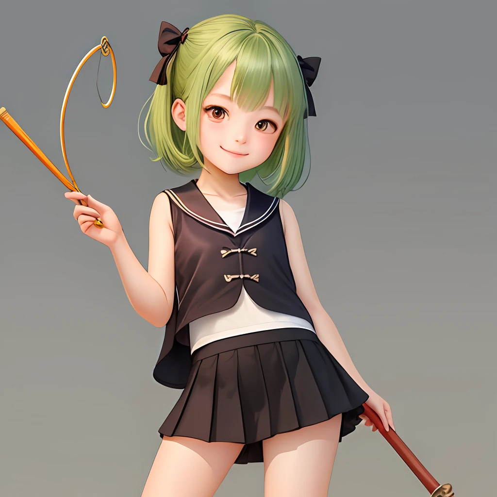 A cute ,Wearing black silk,Top black and white striped vest,Wearing a minishort sailor skirt underneath,Green hair,Red eyes,Holding a Ruyi Golden Hoop Rod in his hand,Smiling at the camera
