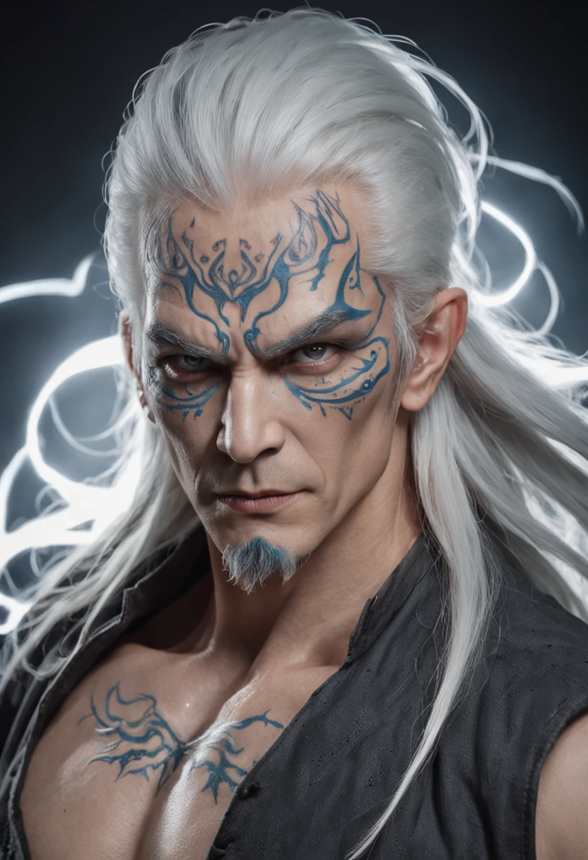 1 Mature male，hoang lap，White color hair，White eyeballs，Glowing eyeballs，not wearing tops，tribal tattoos，raiden，Tattoos glow，Dark blue magic，Deities，Long white pants，divino，Lightning winding，Strong body，Lightning tattoo on the chest，Luminescent tattoo