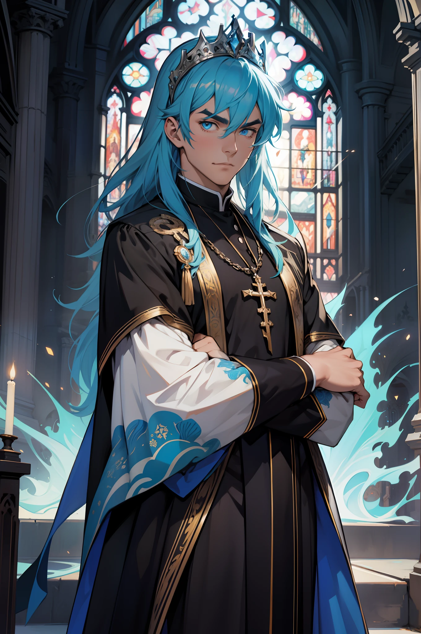 1 handsome guy，Long azure hair，eBlue eyes，Thick eyebrows，ultra - detailed，（s fractal art：1.4）， rich colourful， detailed back ground，The background is the church（Fractals in the background：1.2），clergy， tiara crown，hight contrast， Ray traching， cinmatic lighting， （Start from the front：0.6）