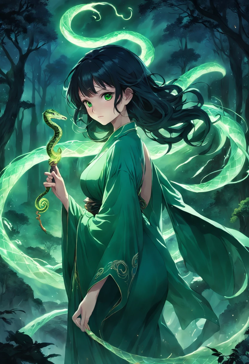 1 woman, Snake body, captivatinggaze, Silky black hair, scales, Glowing tattoos, Green eyes, Seductive smile, Flowing robes, magical staff, casting spell, mystical aura, Serpentine movement, Forest background, Moonlit Night, Swirling mist, Ethereal beauty, fantastical creature, surreal atmosphere, Enchantment, mesmerizing charm, Fabulous power, Ability to cast spells.