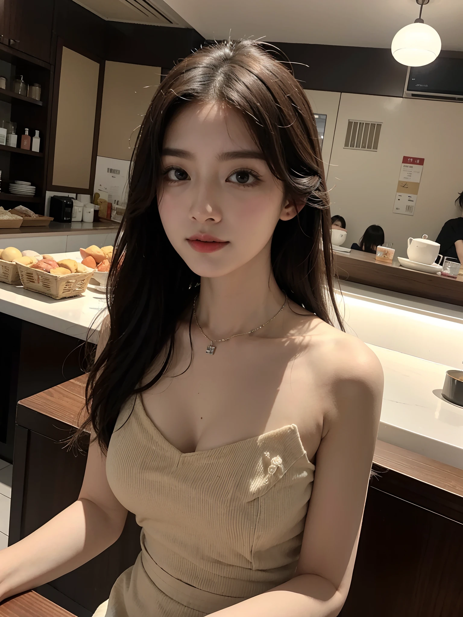 Best quality at best,Original,tmasterpiece,超高分辨率,Sweet girl,Draped with hair,Necklace necklace,camisole,medium boob,Cafe,城市,healed,Multi-perspective,multi view