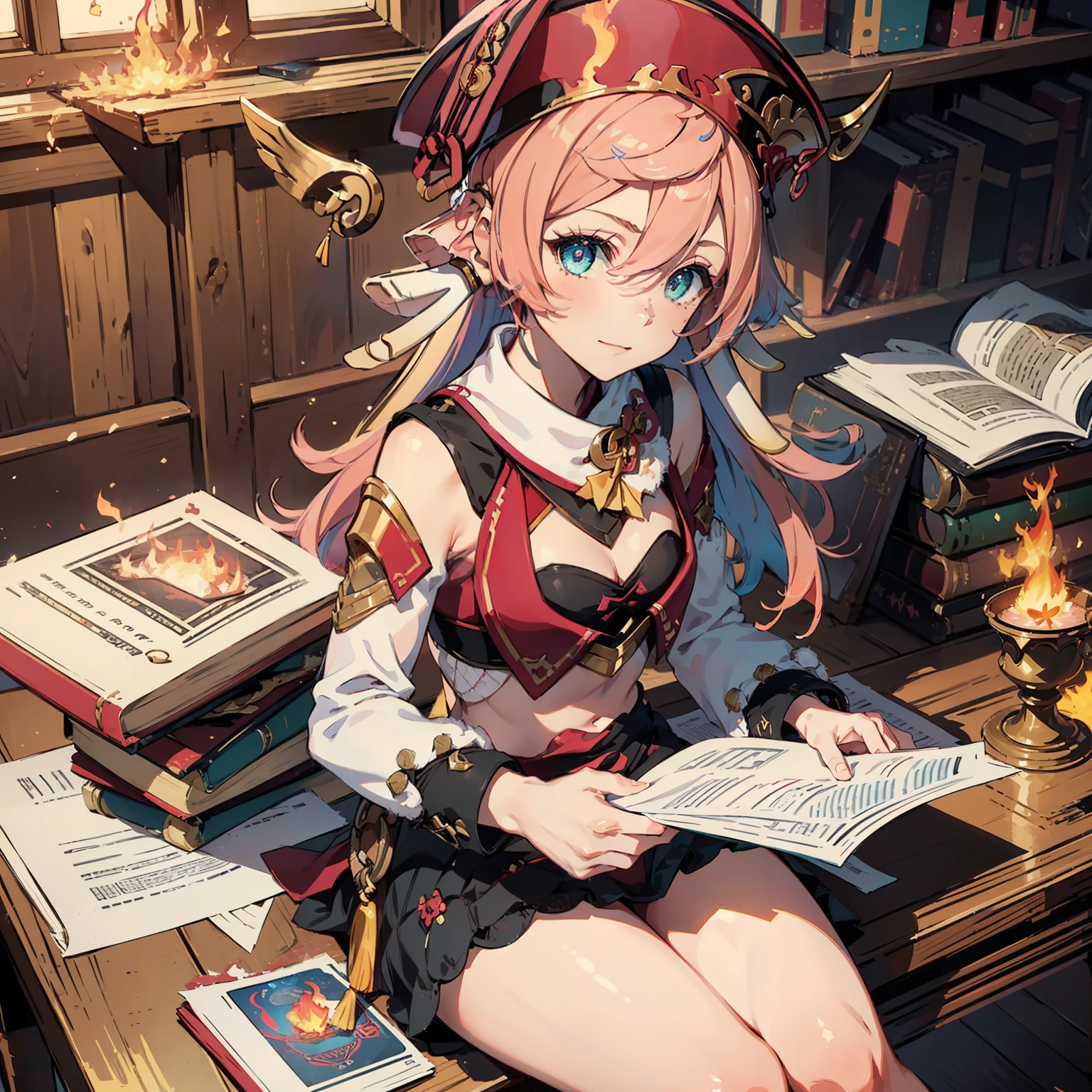 1girl, (solo:1.2), ((masterpiece)), [slim], (small chest), pale skin, ((detailed eyes)), (bokeh effect), (dynamic angle), dynamic pose, blue hair, flame effect, cheerful, fire fractals, pink hair, white horns on sides, red hat, inside the court, judge, wooden table with books and paper, the court room