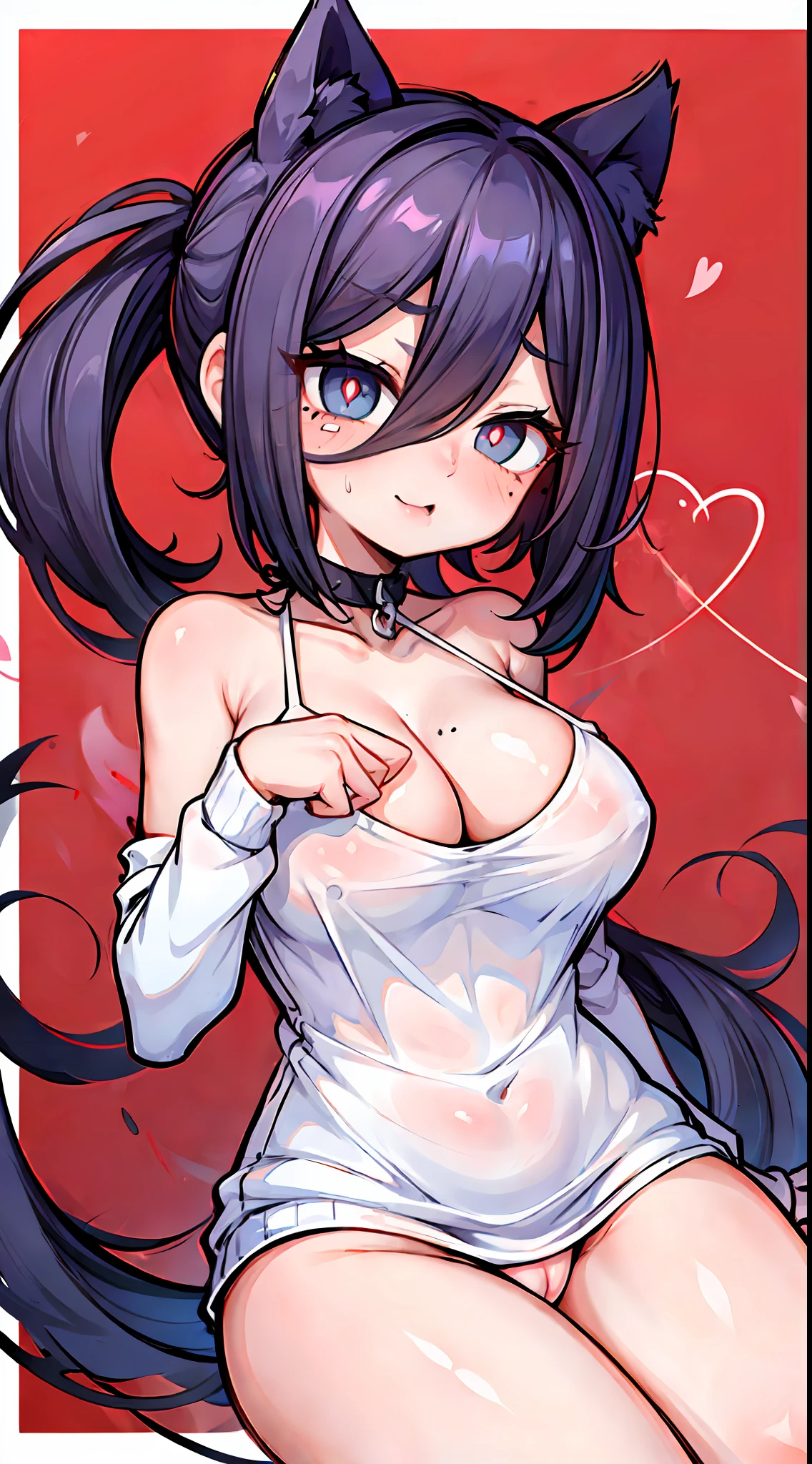Reize,(A white border around a red rectangular background:2.5),C cup,whitesweater,ahegao face,High detail,ahegao face,Moles under eyes, Heart-shaped pupils,Love pupils,cropped shoulders,Lots of hearts,Fleshy thighs,highly rendered,detailed face with