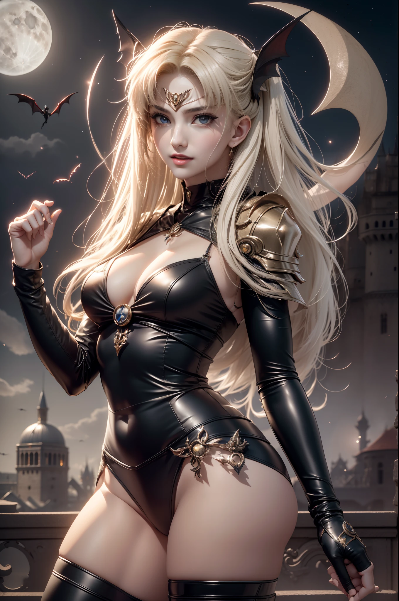 Female vampire in sexy leather armor,Vampire skin is super fair and smooth、Behind him,A pair of pitch-black wings spread gently,Like a pair of bats in the night, Soft and cold,Vampire teeth are surprisingly white,licking own lips,Image of Araved posing for a photo,The eyes burn like a scorching flame,It emits a terrible red light。Around his body,It is full of mysterious and deadly energy。 the sailor moon. Beautiful, Anime goddess, Anime girl in real life,Anime cosplay, Scholar, Anime figure; Full-body art, seductive anime girls,(In the background is a classical western castle,Stone castle,High bell tower,Square high-rise clock tower,large moon,moon full,Enshrouded by clouds,Moon stars are rare,)