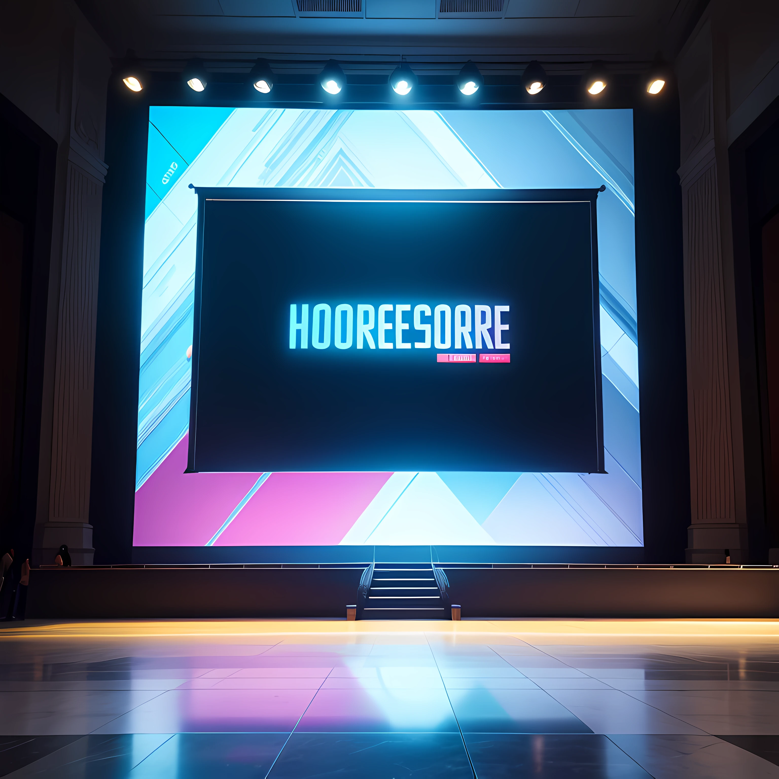 Brightly colored banners are displayed in the marble-floored building, Bright lighting, interesting background, large commercial led screens, Background text content, Stage background, amazing background, Booth, large led screens, commercial banner, Green and blue and academic themes, brightly lit - style atmosphere