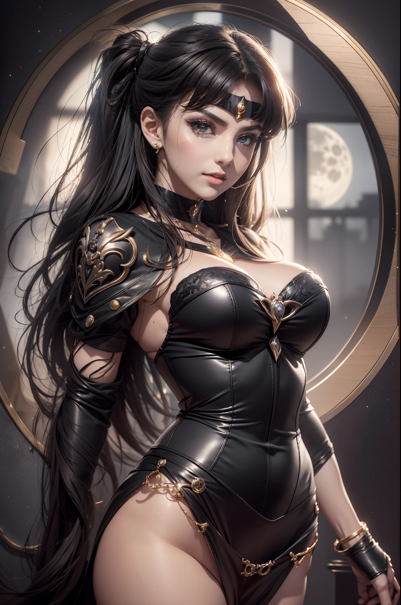 Female vampire in sexy leather armor,Vampire skin is super fair and smooth、Behind him,A pair of pitch-black wings spread gently,Like a pair of bats in the night, Soft and cold,Vampire teeth are surprisingly white,licking own lips,Image of Araved posing for a photo,The eyes burn like a scorching flame,It emits a terrible red light。Around his body,It is full of mysterious and deadly energy。 the sailor moon. Beautiful, Anime goddess, Anime girl in real life,Anime cosplay, Scholar, Anime figure; Full-body art, seductive anime girls,(In the background is a classical western castle,Stone castle,High bell tower,Square high-rise clock tower,large moon,moon full,Enshrouded by clouds,Moon stars are rare,)