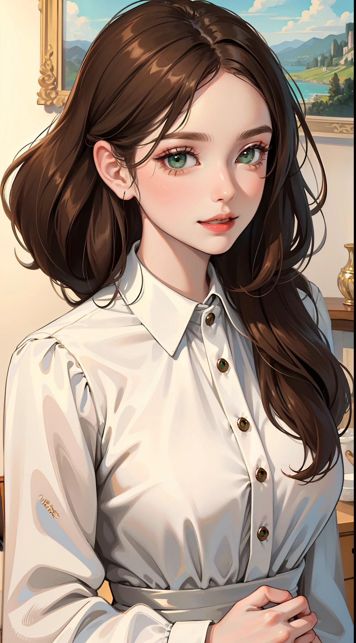 Adult woman, Long brown hair, Green eyes, White formal wear, lipstick, Smile, Masterpiece, hiquality