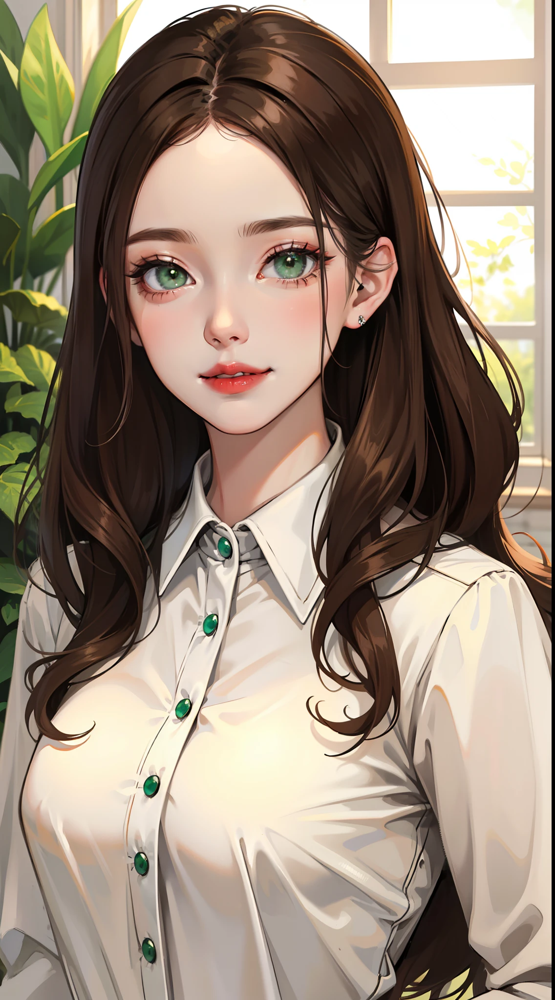 Adult woman, Long brown hair, Green eyes, White formal wear, lipstick, Smile, Masterpiece, hiquality