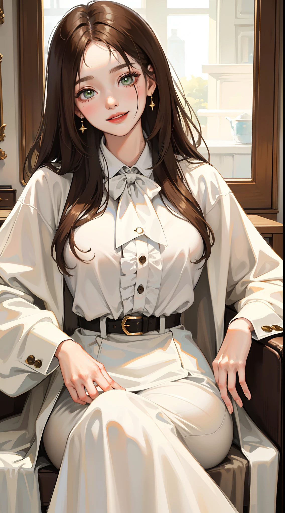Adult woman, Long brown hair, Green eyes, White formal wear, lipstick, Smile, Masterpiece, hiquality