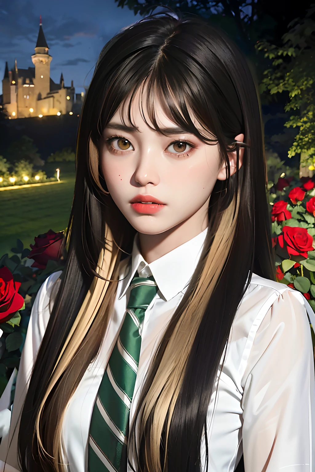 Dark red roses. Background: Rose garden. Night.