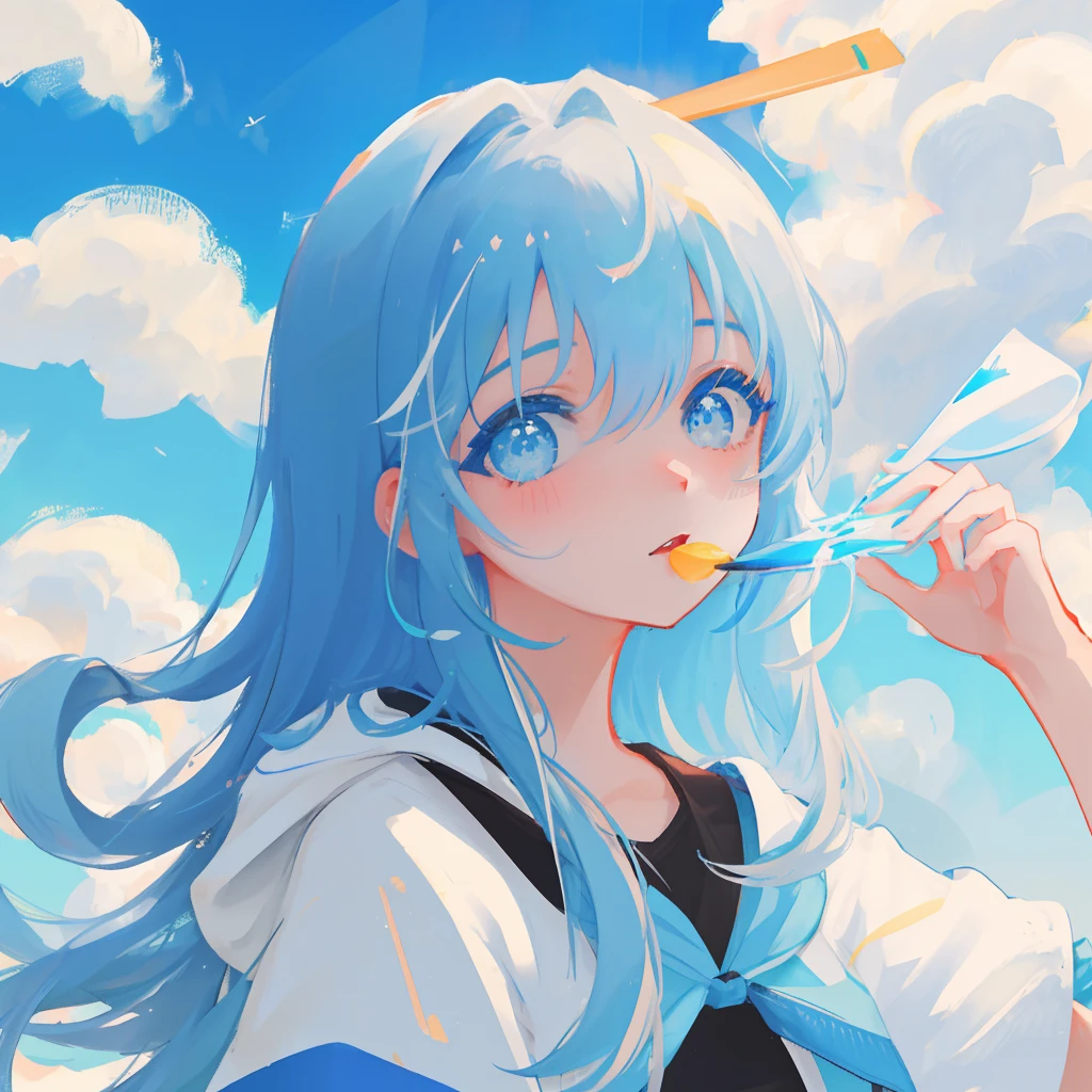 master part, best quality, ultra-detalhado, illustration, Close-up, em linha reta, foco facial,1girlcéu blue,cloud sky,menina com olhos beatuifull, vergonha,Olhando para o Viewer,retrato,cabelos grisalhos