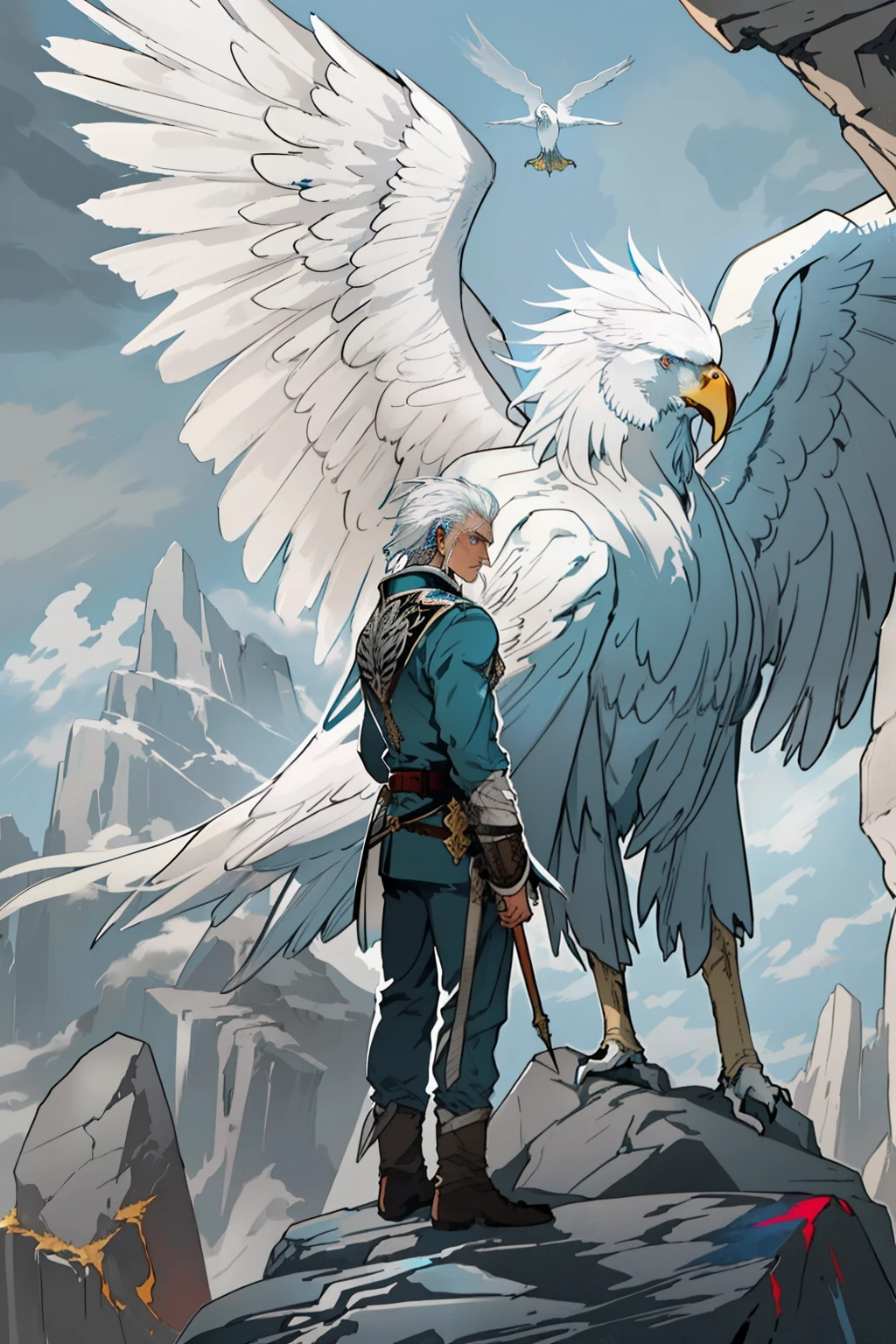 "cut-in, A young man with white hair and piercing blue eyes stands proudly beside a majestic white eagle atop a rugged rock, gazing towards the distant horizon in a bygone era."