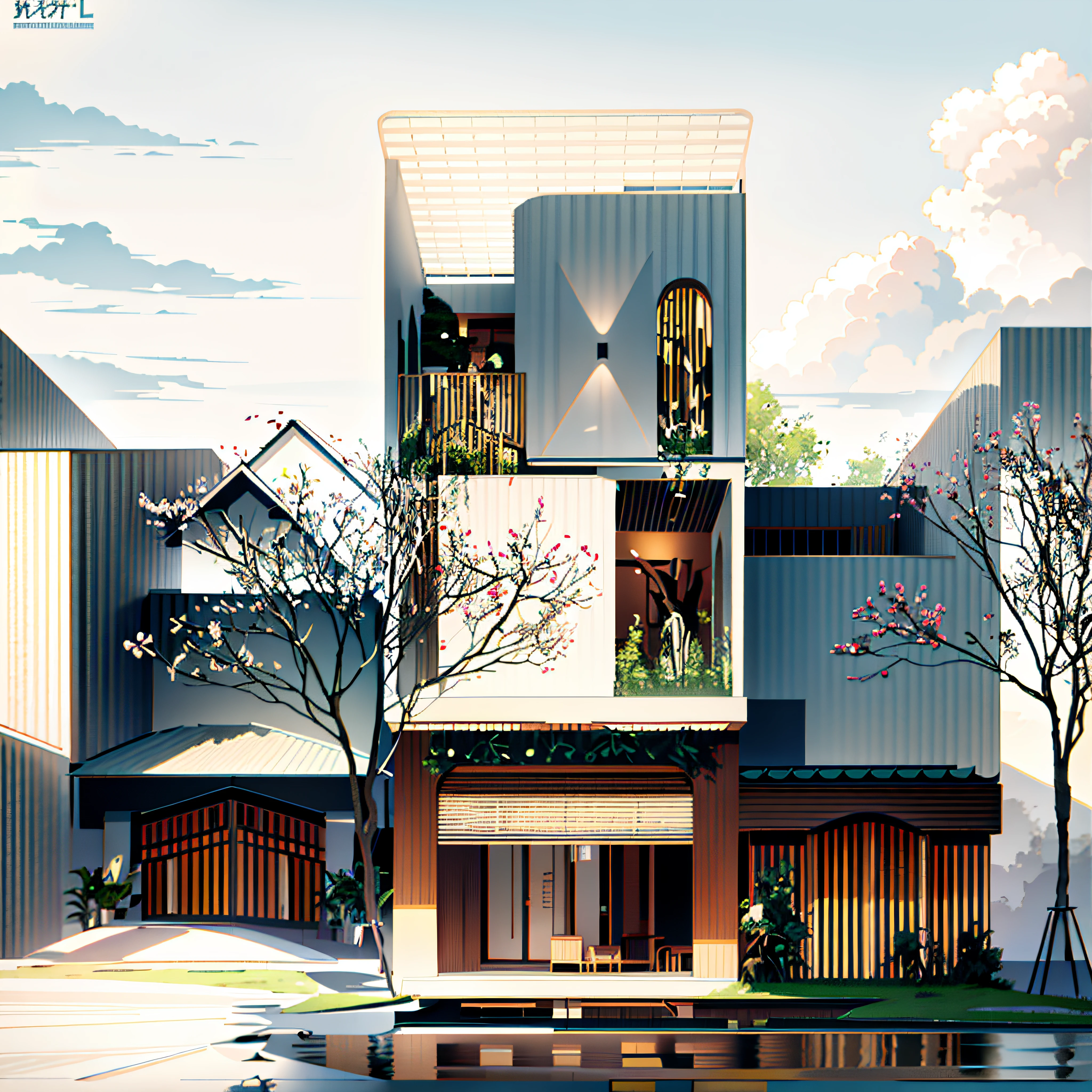 (Japanese modern Landscape), (Hayao Miyazaki Style), japanese modern house, road, bend, small house, tree, pole, white cloud, landscape, outdoor, green trees, epic composition, realistic lighting, high-definition detail, masterpiece, the best quality, (very detailed CG unified 8k wallpaper), --v6