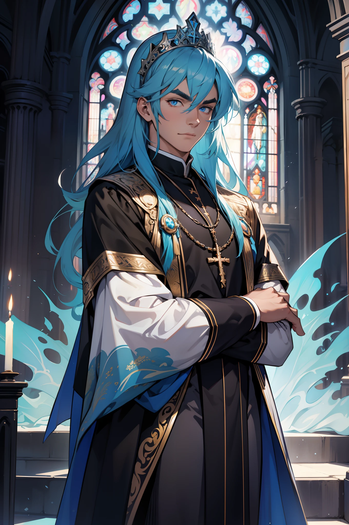 1 handsome guy,Long azure hair,eBlue eyes,Thick eyebrows,ultra - detailed,(s fractal art:1.4), rich colourful, detailed back ground,The background is the church(Fractals in the background:1.2),clergy, tiara crown,hight contrast, Ray traching, cinmatic lighting, (Start from the front:0.6)