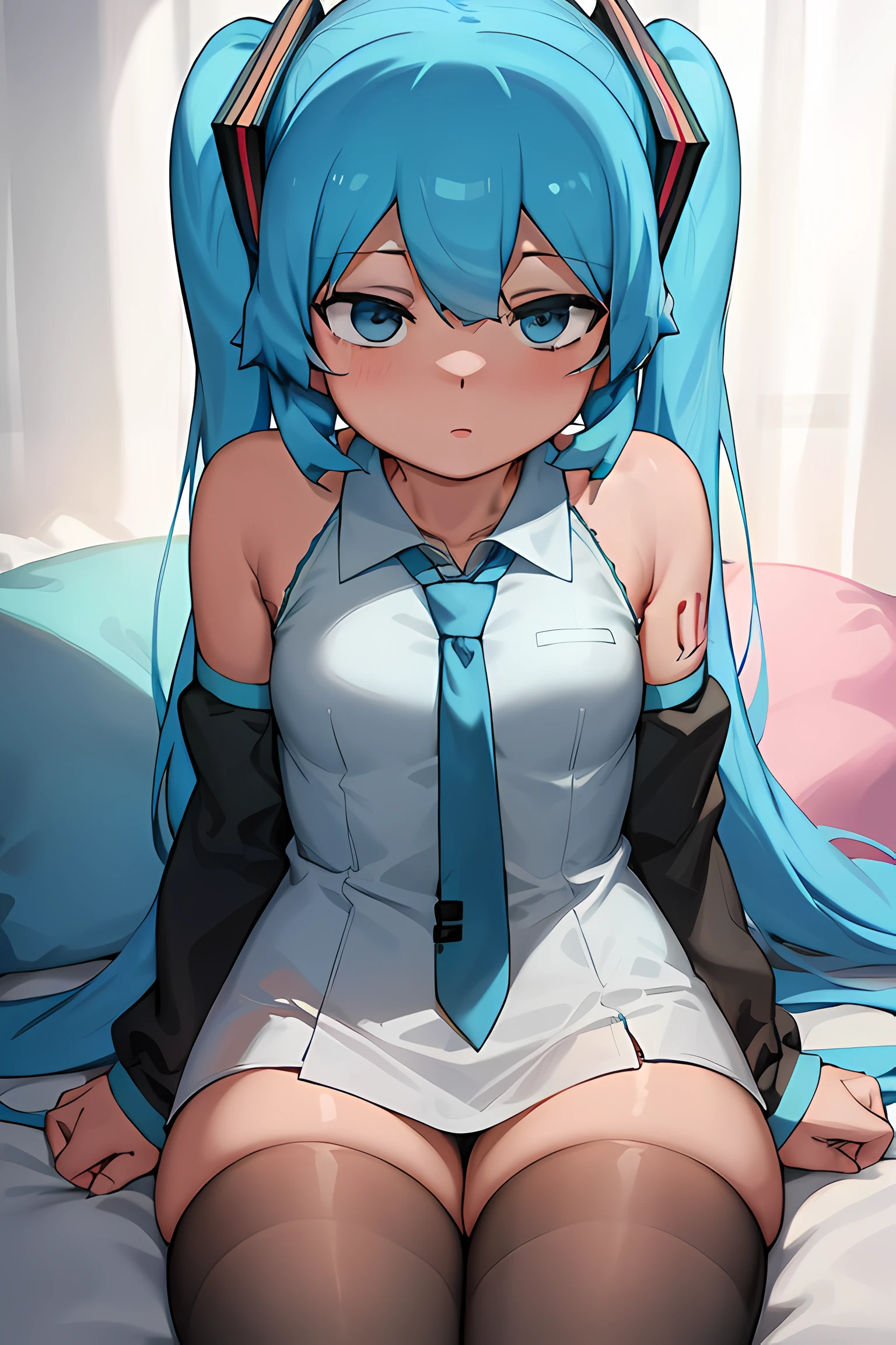 Chica de anime acostada sobre una almohada blanca y esponjosa de lado con auriculares puestos, Hatsune Miku, ventana, noche estrellada