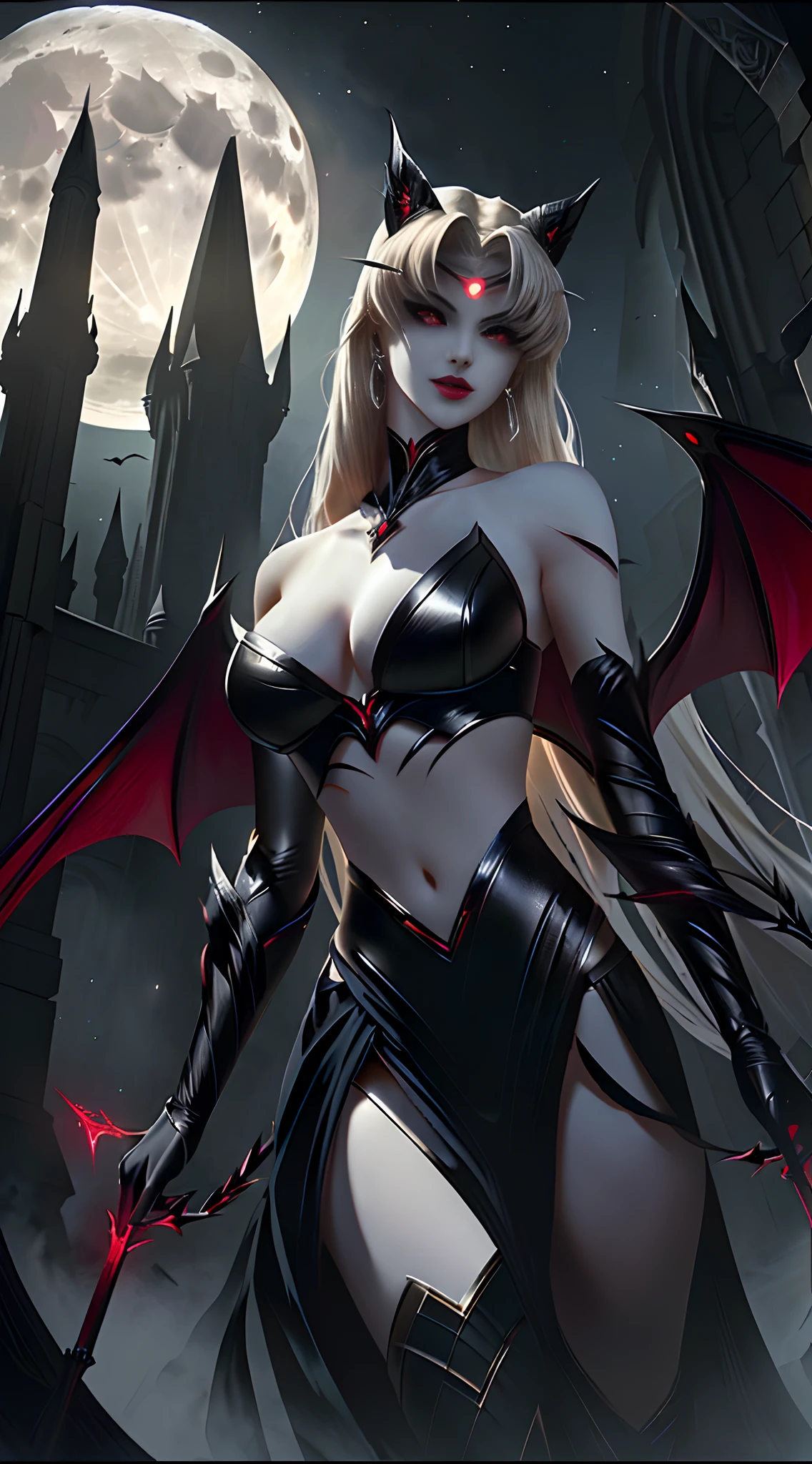 A female vampire wearing sexy bikini-style leather armor,Vampire skin is smooth、Behind him,A pair of pitch-black wings spread gently,Like a pair of bats in the dark night, soft and cold,Vampire teeth are surprisingly white,licking own lips,Image of Araved posing for a photo,The eyes burned like a scorching flame,It emits a terrifying red light。Around his body,It is filled with a mysterious and deadly energy。 the sailor moon. Beautiful, Anime goddess, Anime girl in real life,Anime cosplay, scholar, anime figure; , seductive anime girls,(The background is a classical western castle,Stone castle,High bell tower,Square high-rise clock tower,Big moon,moon full,Black clouds shrouded,Moon stars are rare,)