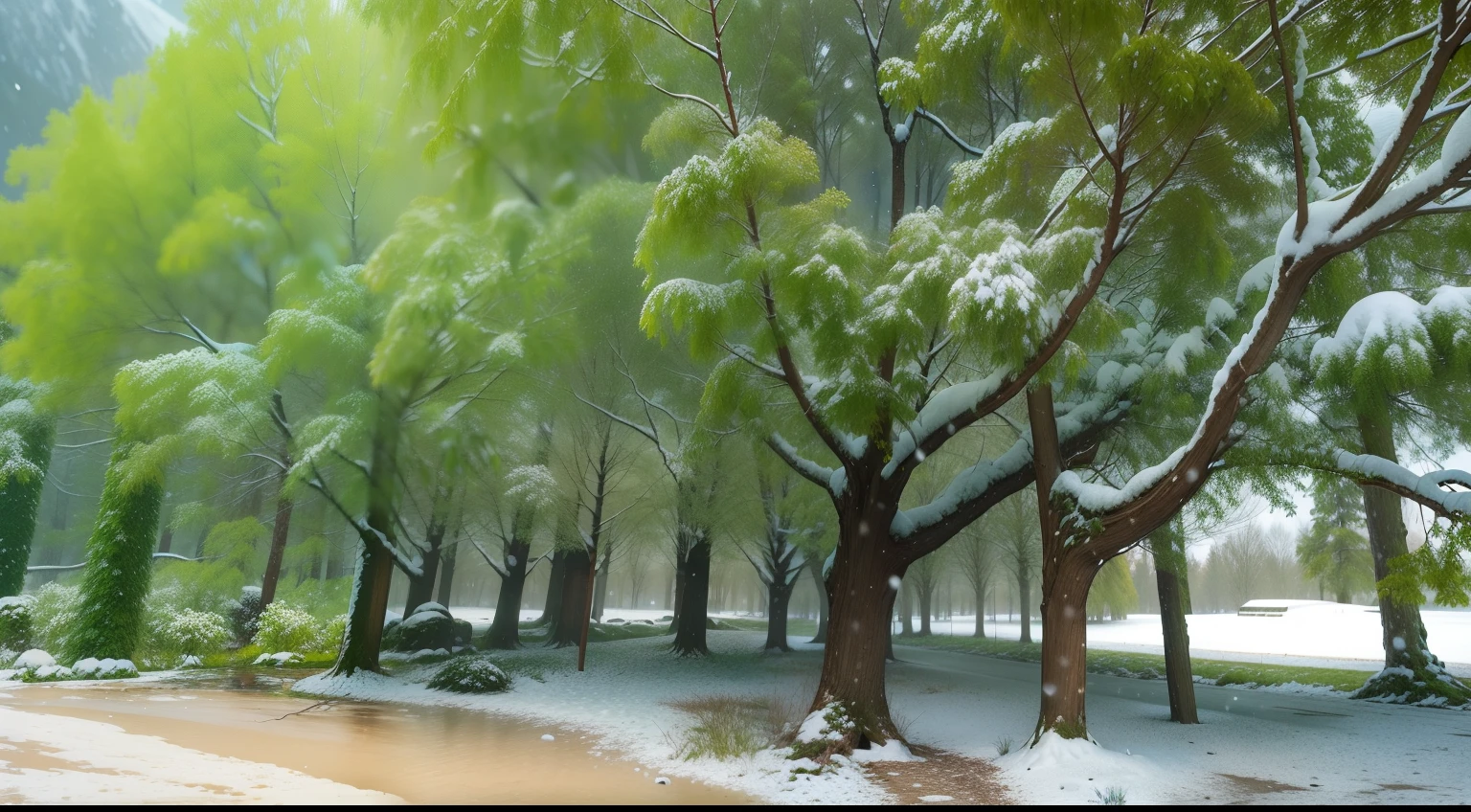Here are the branches,Branches of the tree,There are leaves on the branches,There is snow on the branches