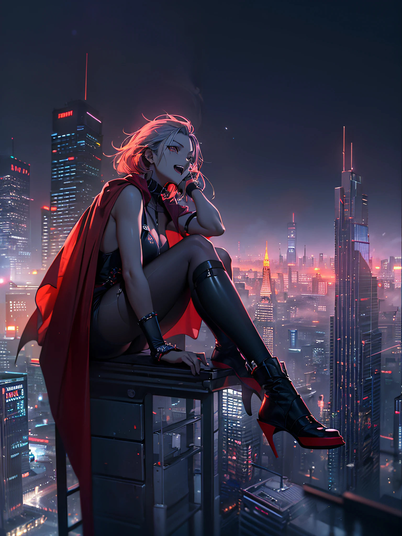 (best quality), (masterpiece), (photorealistic), (realistic), super detailed, unity 8k wallpaper, highly detailed cg, ray tracking, sharp shadows, great detail, depth of field, super detailed background, cyberpunk vampire girl, latex, (Resting at the top of a skyscraper, she looks up at the new moon with an ecstatic expression and is cloaked in a thin red mist.) :1.6, Future city, On top of the city's tallest skyscraper, wispy new moon, side shot, wide shot, steeple, (A vampire in a futuristic city observes people from the shadows and from the mist on the night of the new moon in search of prey. Cloaked in fog, she tracks her prey with bright red eyes and pointed fangs. A resounding scream, but no one hears it.) :0.6, simulacrum