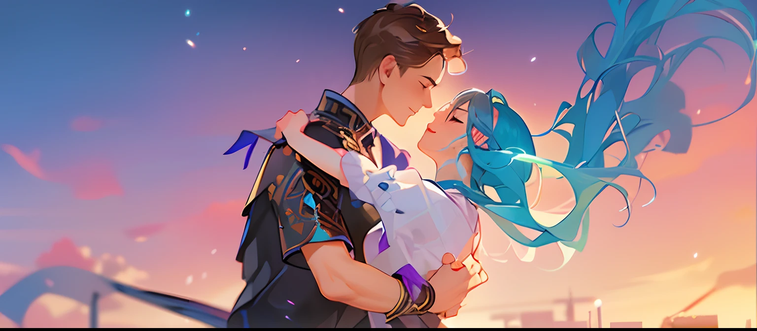 (Super detailed CG unity 8k personality wallpaper，Masterpiece level,Best picture quality),a young man and a woman，couple，is dancing，Pleasure，gleeful，Love，Heart shape，National style，magpie